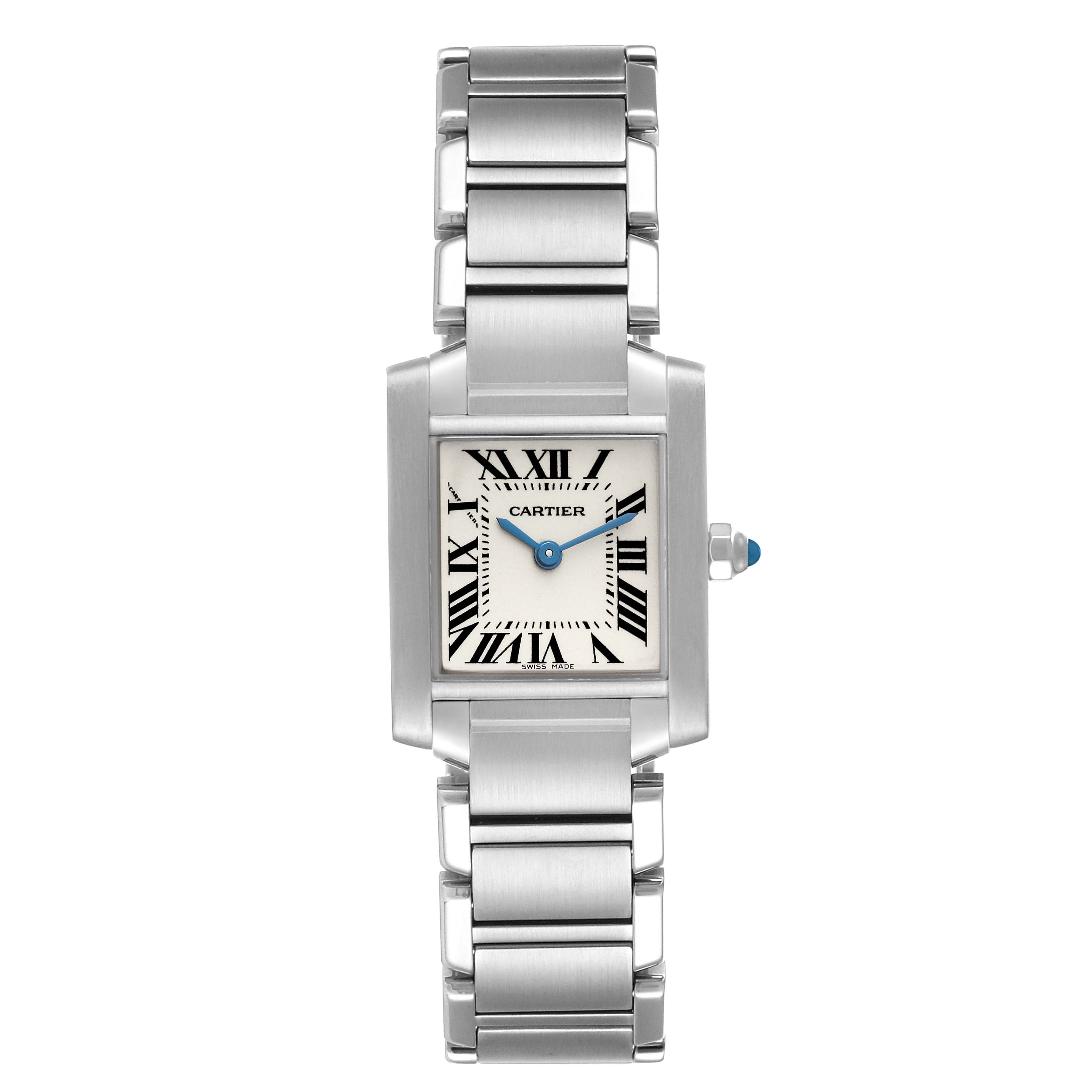 The image shows a front view of a Cartier Tank Francaise W51008Q3 Women
s Stainless Steel Silver Dial W51008Q3 Women
s Stainless Steel Silver Dial watch, displaying the face, hands, and metal bracelet.