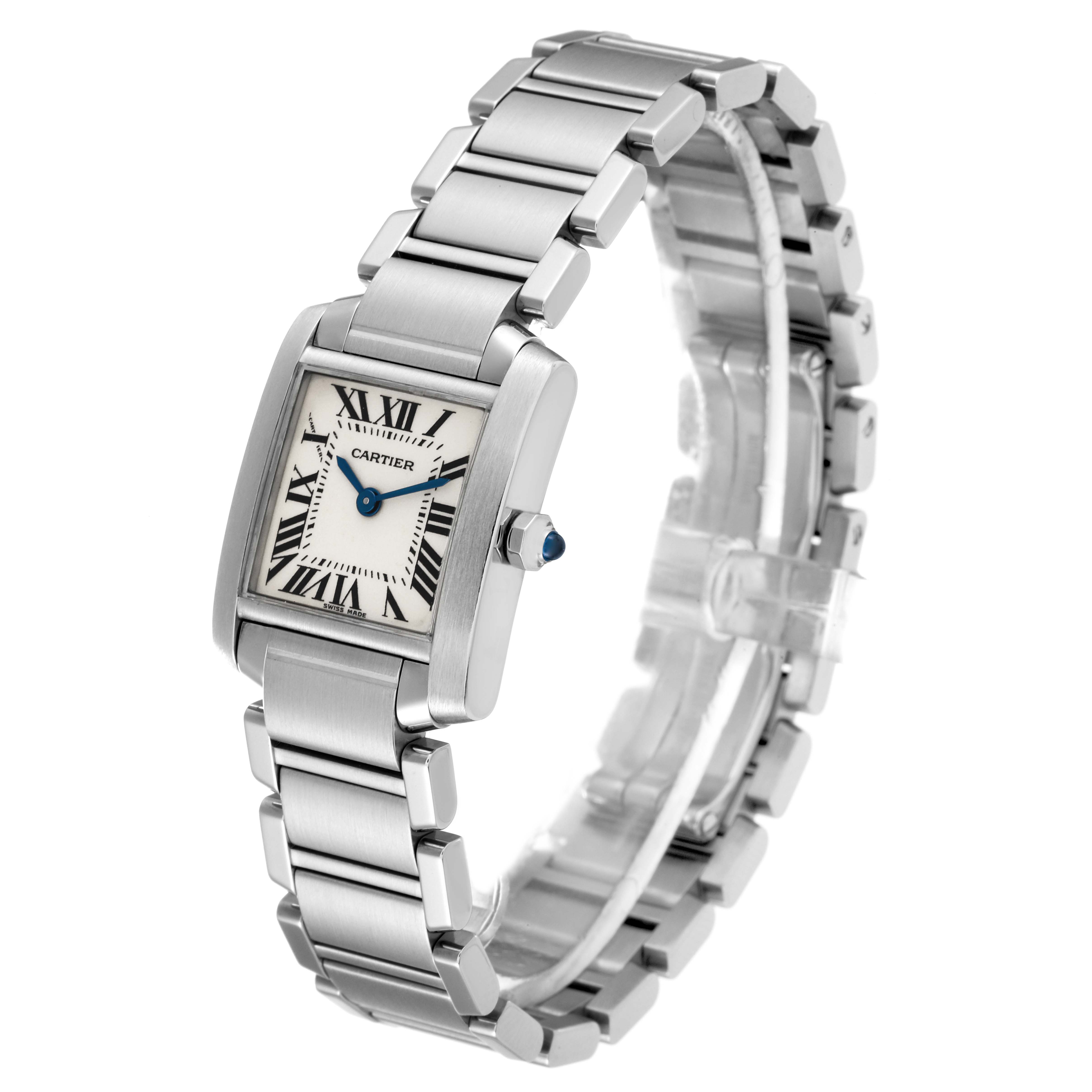 This image shows a Cartier Tank Francaise W51008Q3 Women
s Stainless Steel Silver Dial W51008Q3 Women
s Stainless Steel Silver Dial watch from an angled side view, displaying its rectangular face and metal bracelet.