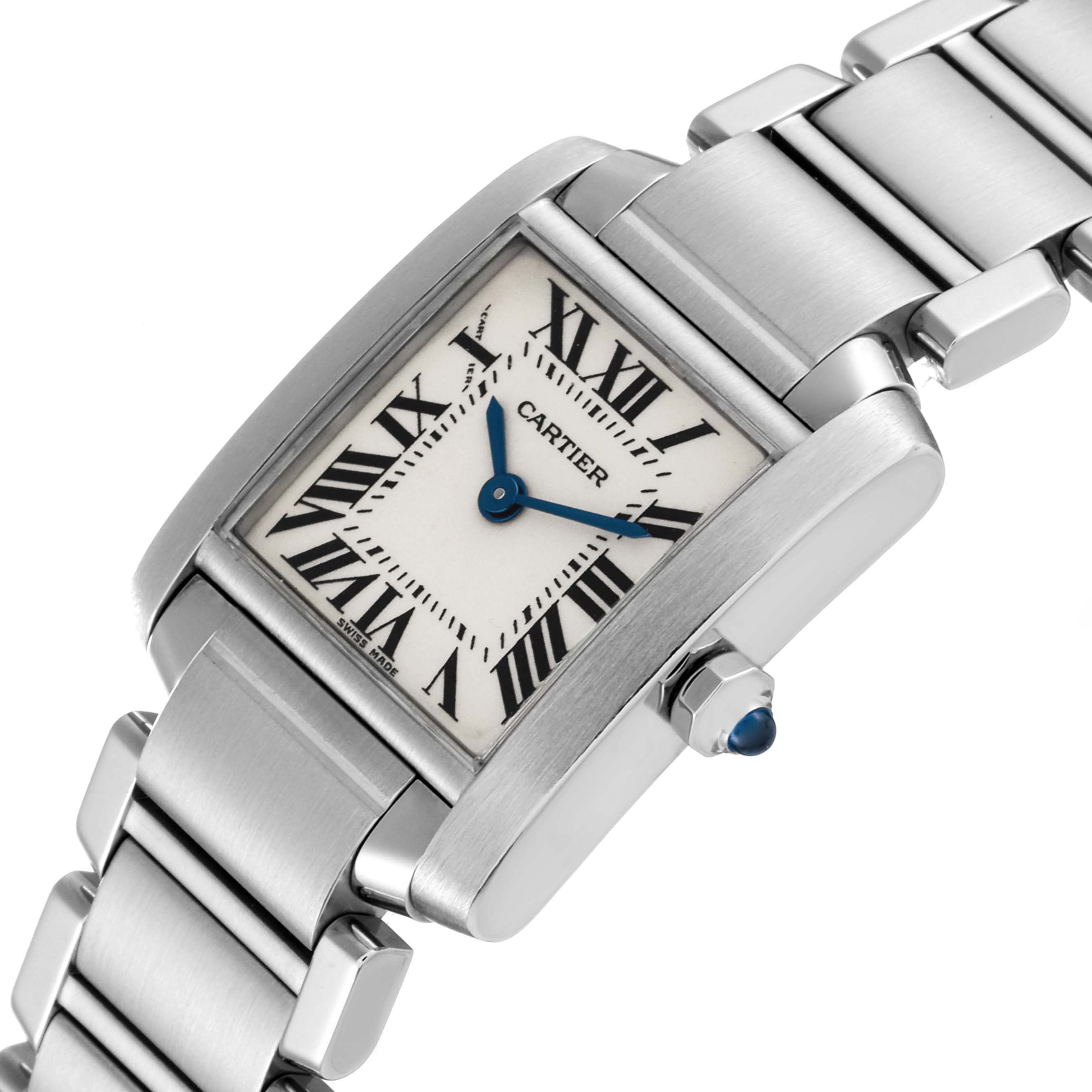This image shows the Cartier Tank Francaise W51008Q3 Women
s Stainless Steel Silver Dial W51008Q3 Women
s Stainless Steel Silver Dial watch from a tilted angle, highlighting the face, Roman numerals, and part of the metal bracelet.