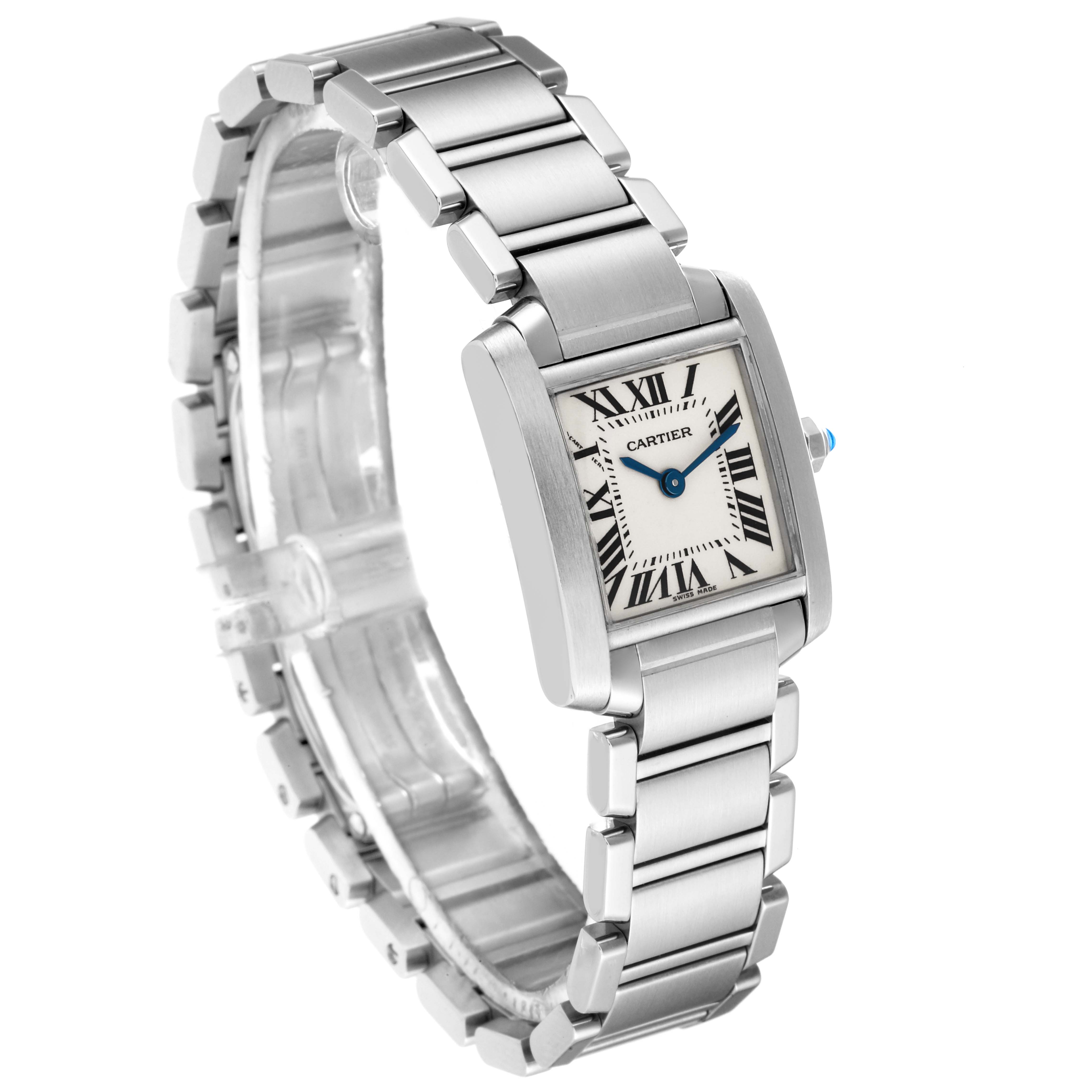 The image shows a Cartier Tank Francaise W51008Q3 Women
s Stainless Steel Silver Dial W51008Q3 Women
s Stainless Steel Silver Dial watch at a three-quarter angle, highlighting its rectangular face and stainless steel bracelet.
