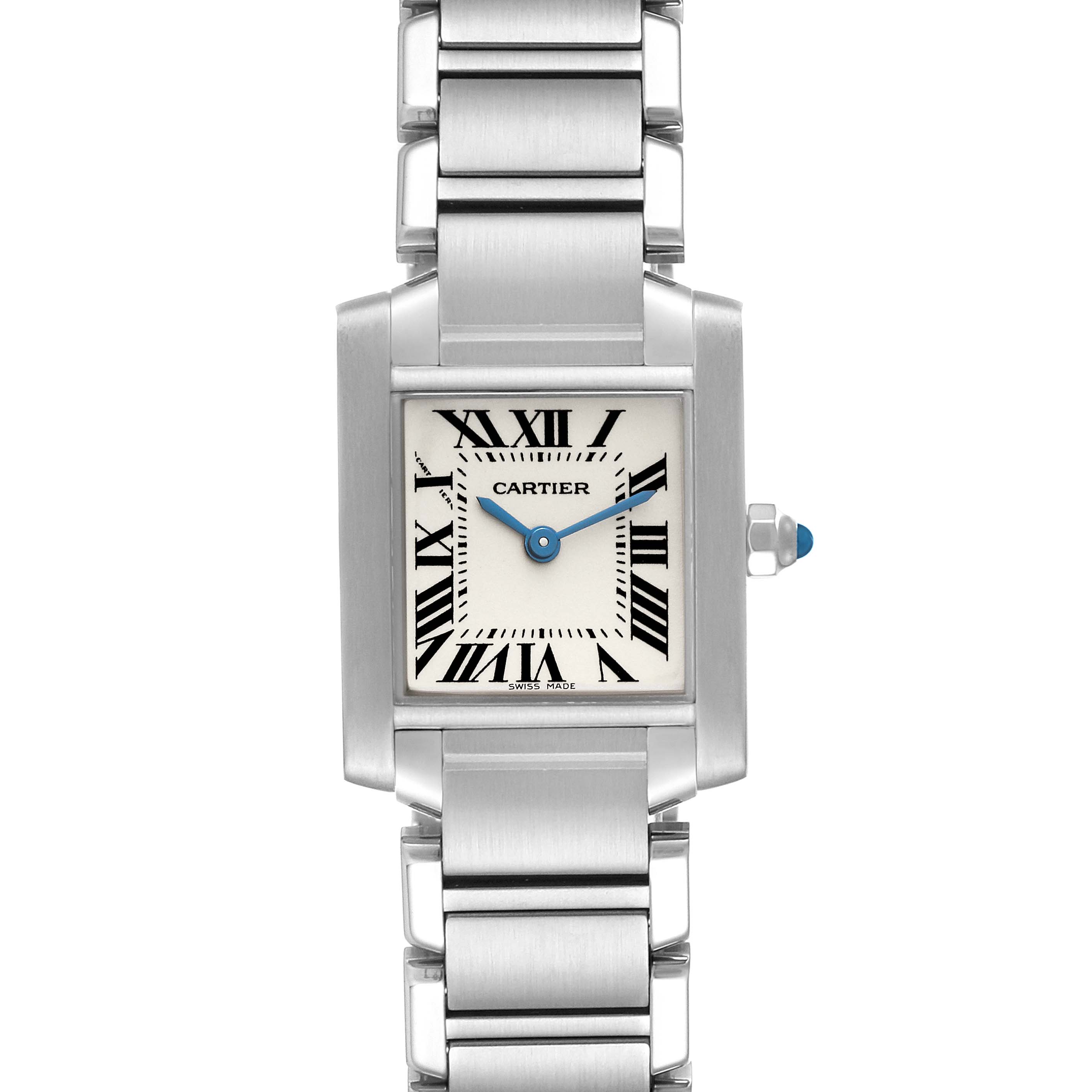 The image shows a Cartier Tank Française watch from a front view, highlighting its face, Roman numerals, blue hands, and metal bracelet.