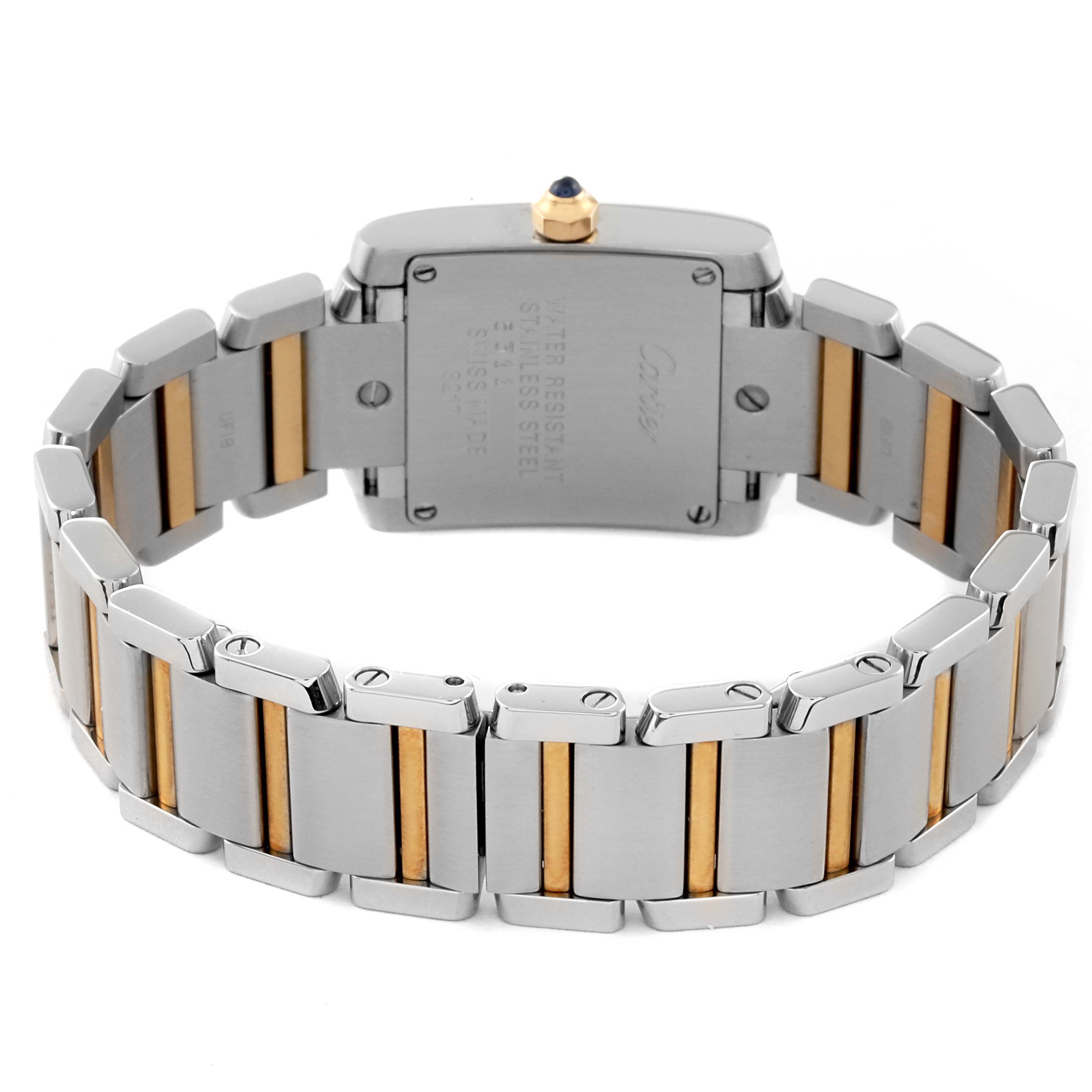The image shows the back view and bracelet of the Cartier Tank Francaise WE110004 Women's Steel and Gold (two tone) Silver Dial WE110004 Women's Steel and Gold (two tone) Silver Dial watch, highlighting its stainless steel and gold design.