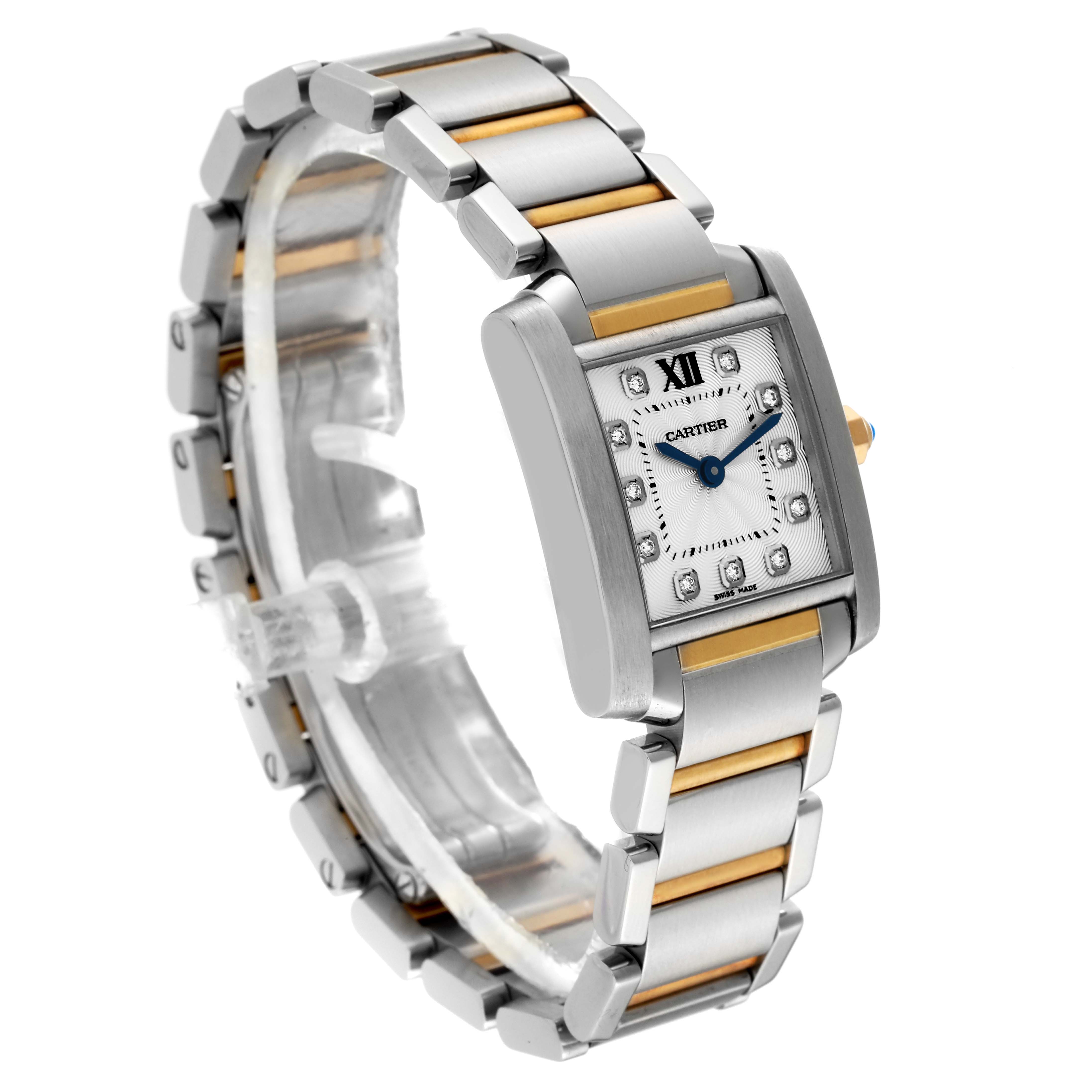 The image shows a side and front view of the Cartier Tank Française watch, highlighting its stainless steel and gold bracelet and rectangular face.
