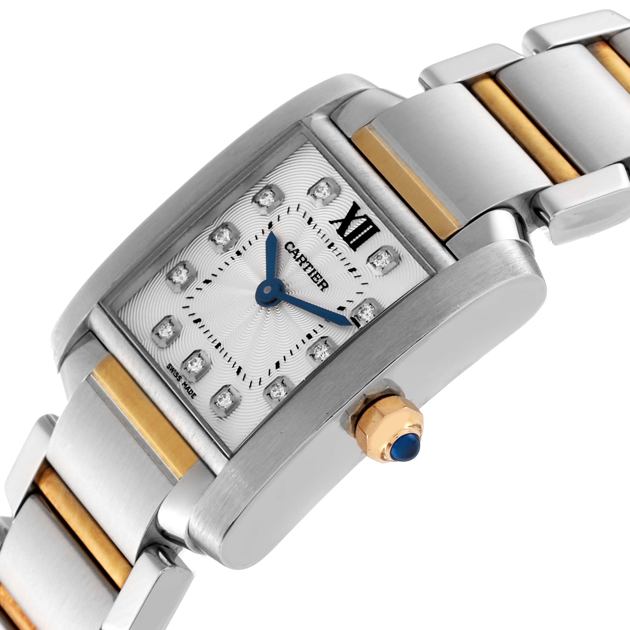 The image shows a close-up angled view of the Cartier Tank Française watch, highlighting the face, bracelet, and crown.