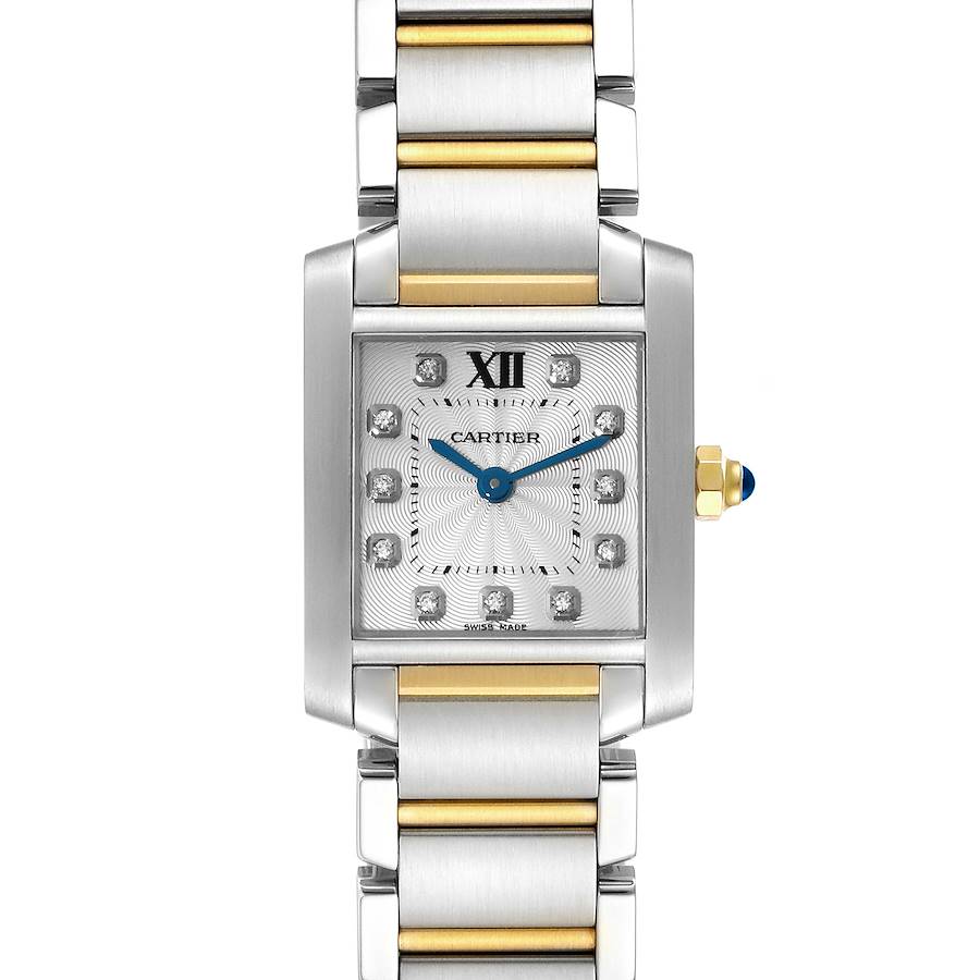 The image shows a front view of the Cartier Tank Française watch, highlighting its face, dial, and bracelet.