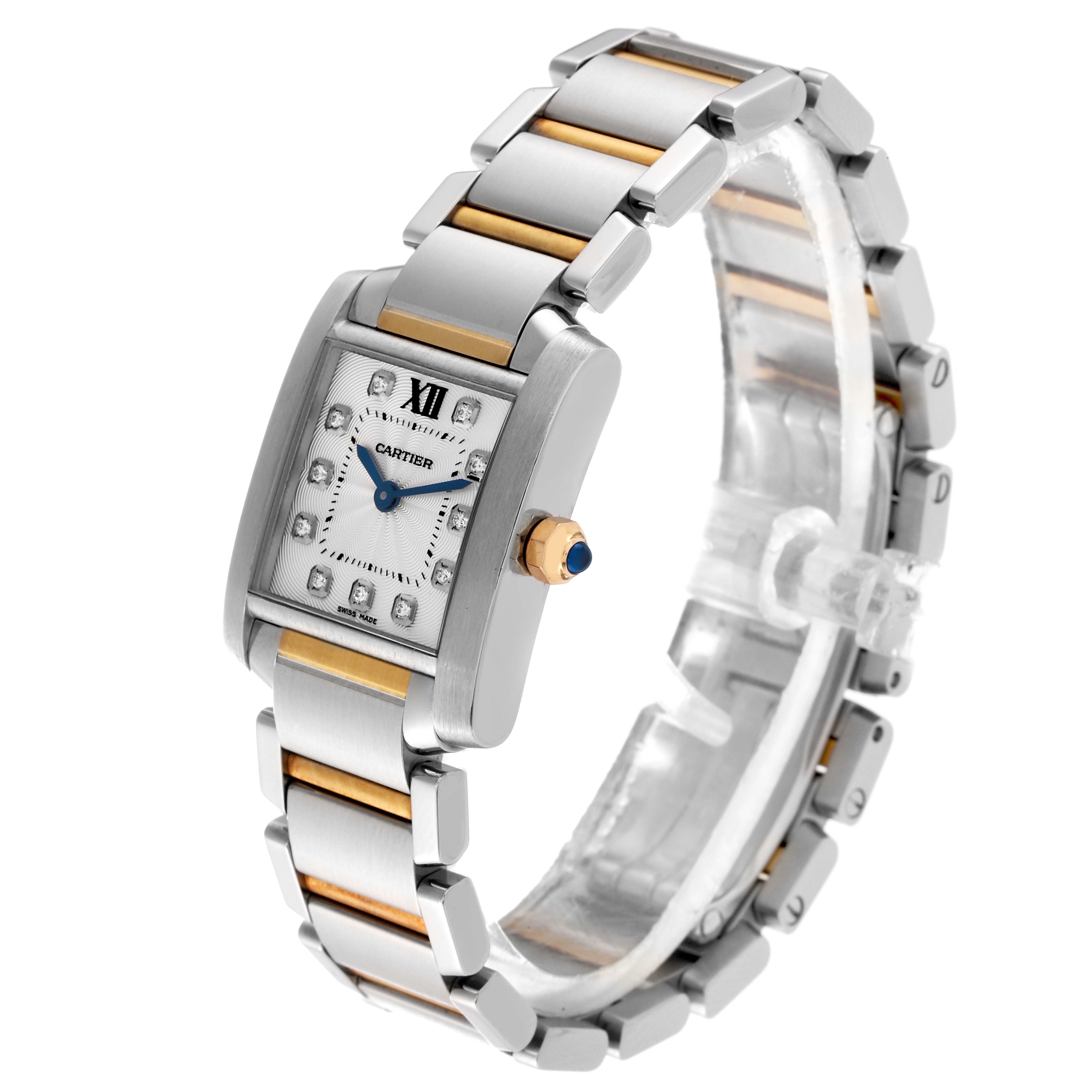 The image shows a Cartier Tank Francaise WE110004 Women's Steel and Gold (two tone) Silver Dial WE110004 Women's Steel and Gold (two tone) Silver Dial model watch at an angle displaying its face and metal bracelet.