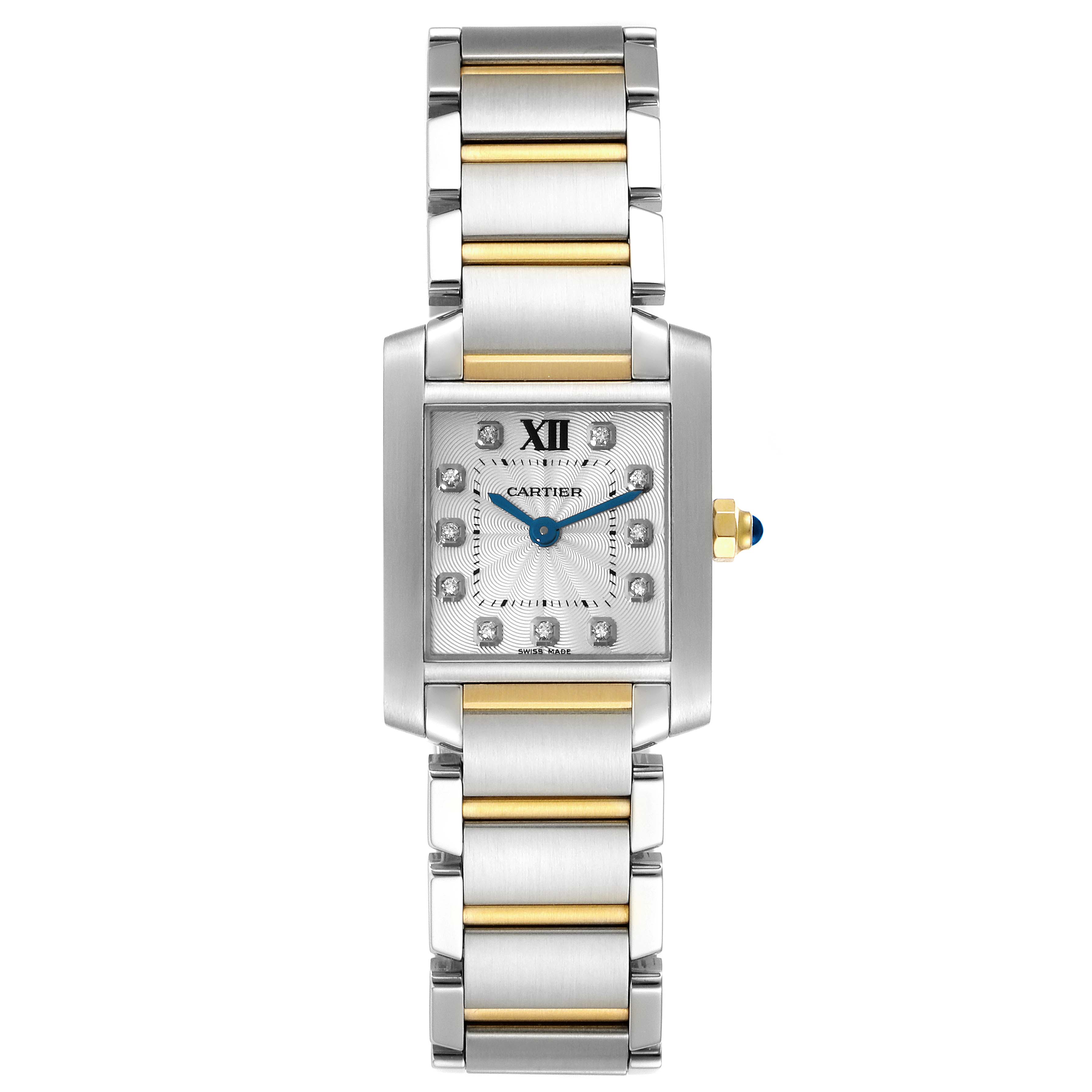 The image shows a Cartier Tank Francaise WE110004 Women's Steel and Gold (two tone) Silver Dial WE110004 Women's Steel and Gold (two tone) Silver Dial watch, viewed from the top, displaying its face and metal bracelet.