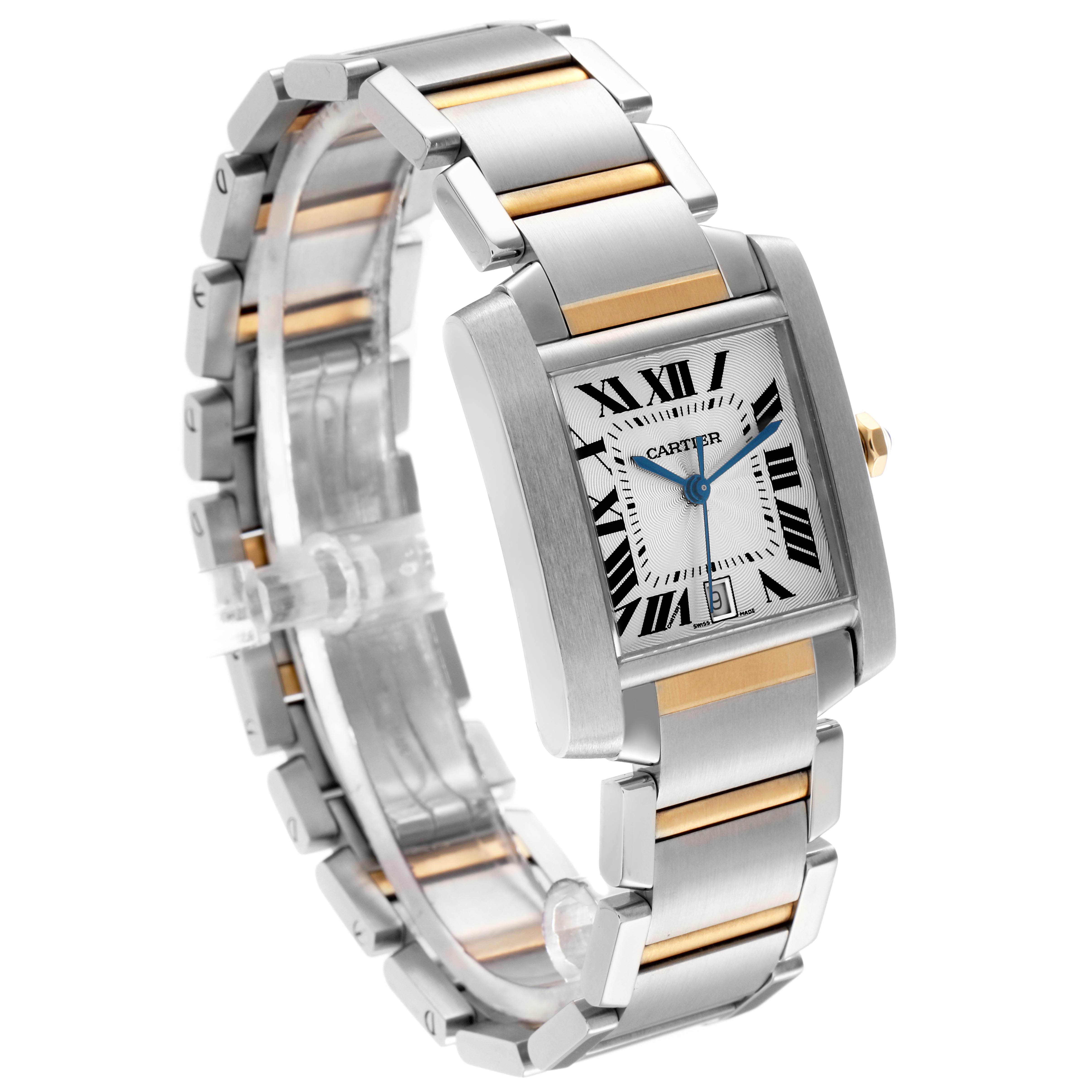 The Cartier Tank Francaise W51005Q4 Men's Steel and Gold (two tone) Silver Dial W51005Q4 Men's Steel and Gold (two tone) Silver Dial watch is angled to show the face, bracelet, crown, and case, highlighting its two-tone design.