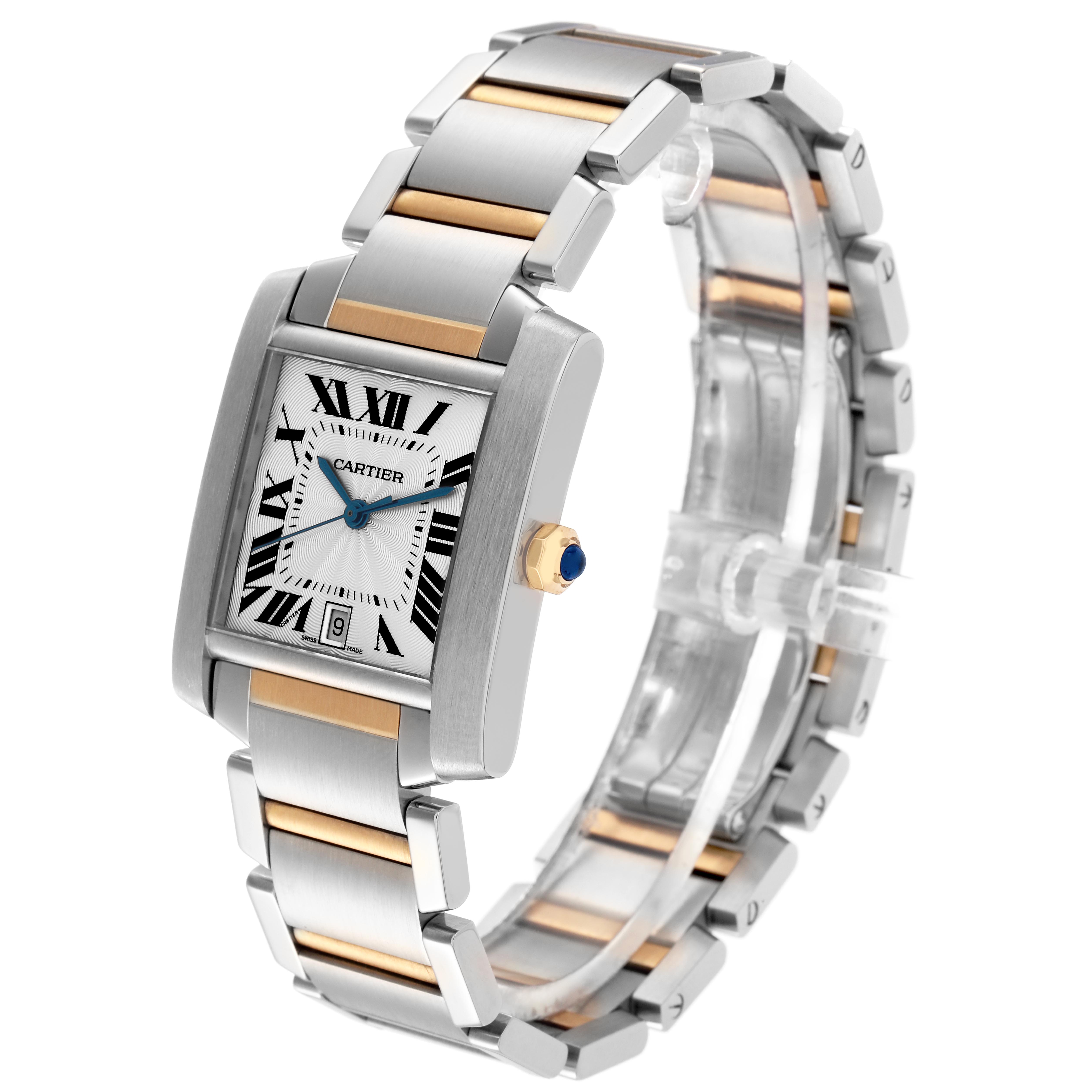 The Cartier Tank Française watch is shown at a three-quarter angle, displaying its bezel, dial, bracelet, and crown.