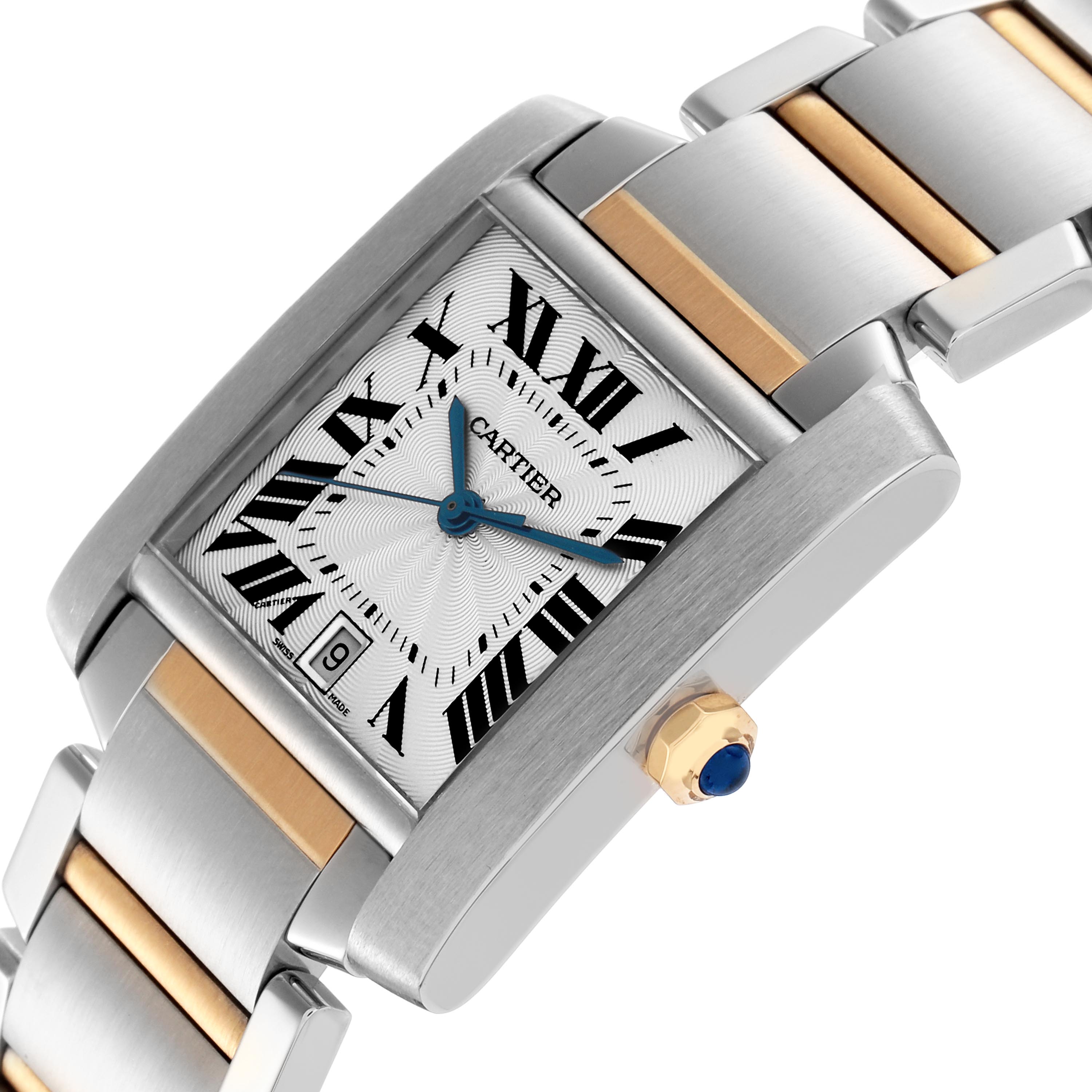 The Cartier Tank Francaise W51005Q4 Men's Steel and Gold (two tone) Silver Dial W51005Q4 Men's Steel and Gold (two tone) Silver Dial watch is shown at an angle highlighting the face, crown, and part of the bracelet.