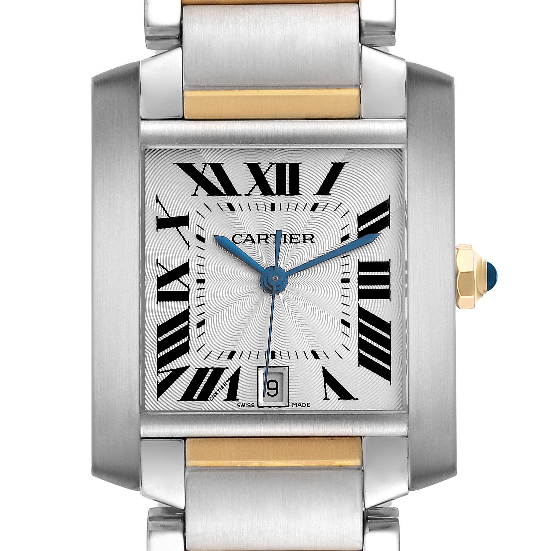 The image shows a front view of the Cartier Tank Française watch, highlighting its face, case, and part of the bracelet.