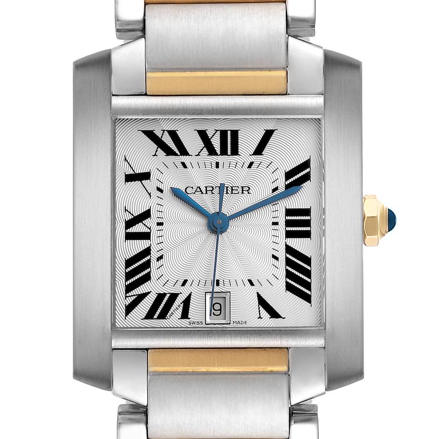 The image shows a front view of the Cartier Tank Française watch, highlighting its face, case, and part of the bracelet.