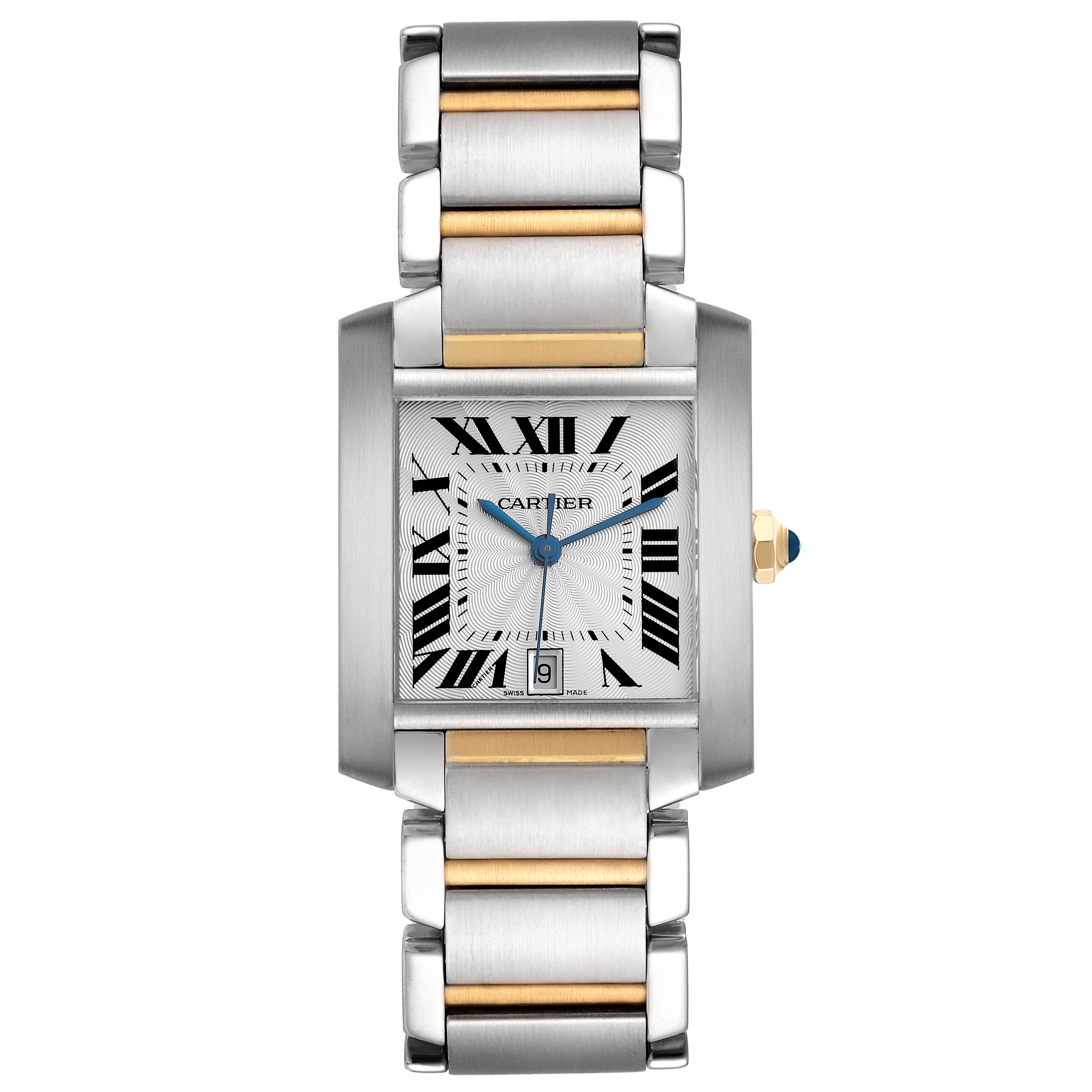 The Cartier Tank Française watch is shown from the front, highlighting the bracelet, case, dial, and crown with a blue cabochon.