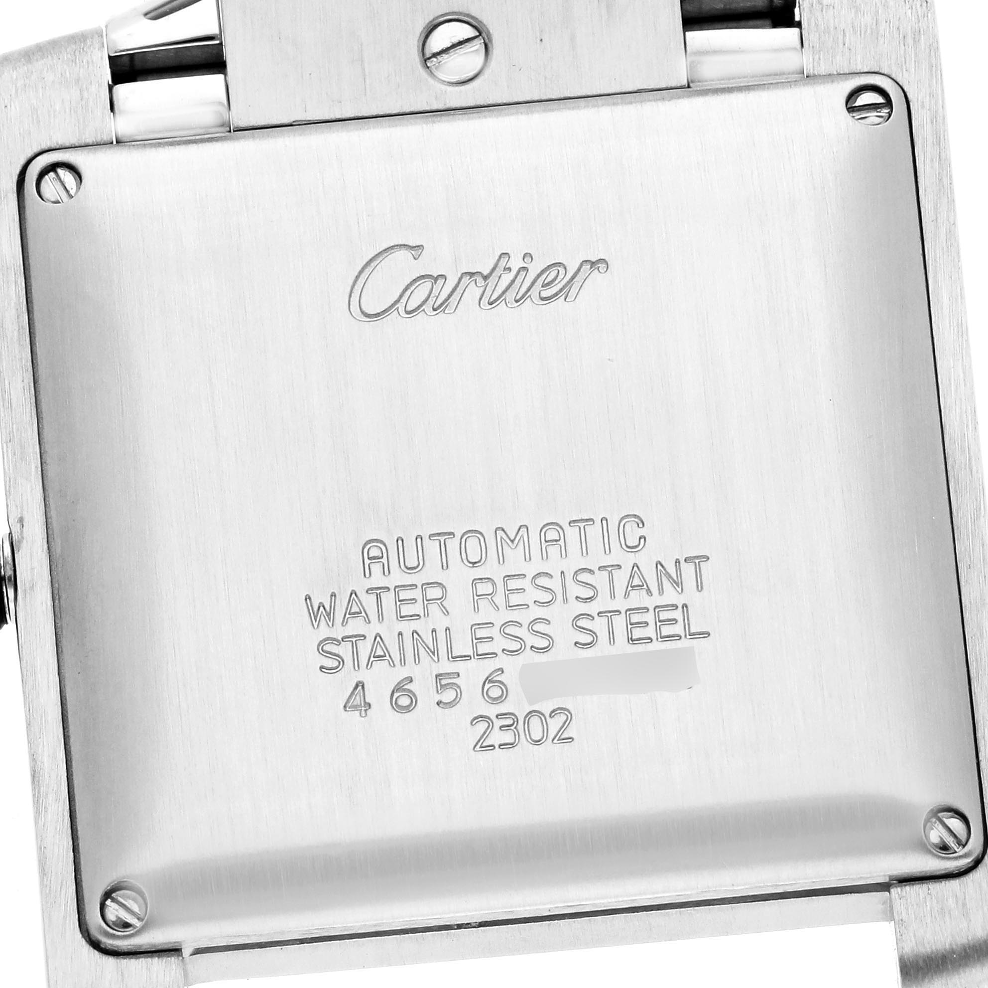 The image shows the back of a Cartier Tank Française watch, highlighting its stainless steel and water resistance details.