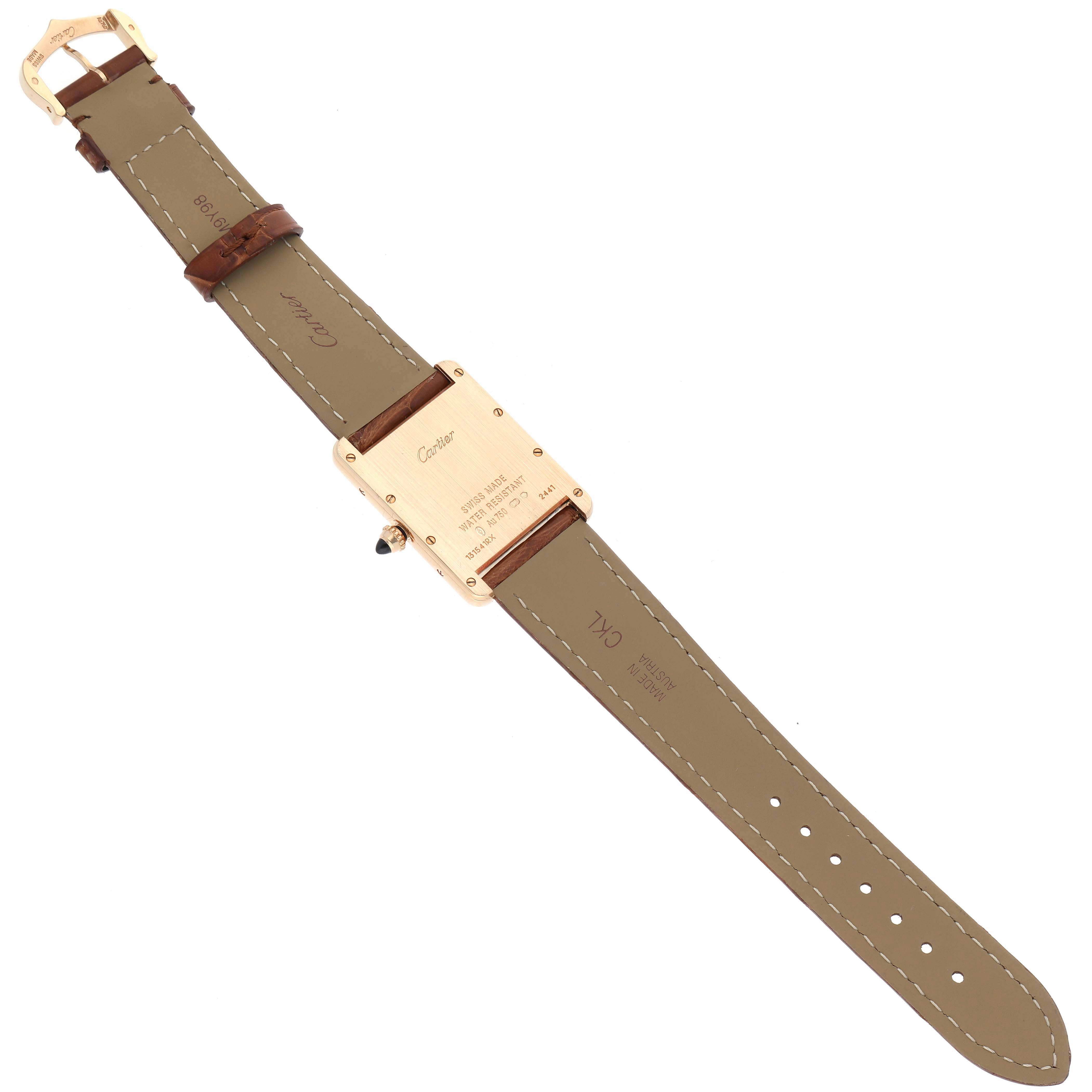 The image shows the back side and strap of a Cartier Tank Louis W1529756 Men's Yellow Gold Silver Dial W1529756 Men's Yellow Gold Silver Dial watch with visible buckle, case back, and strap detail.