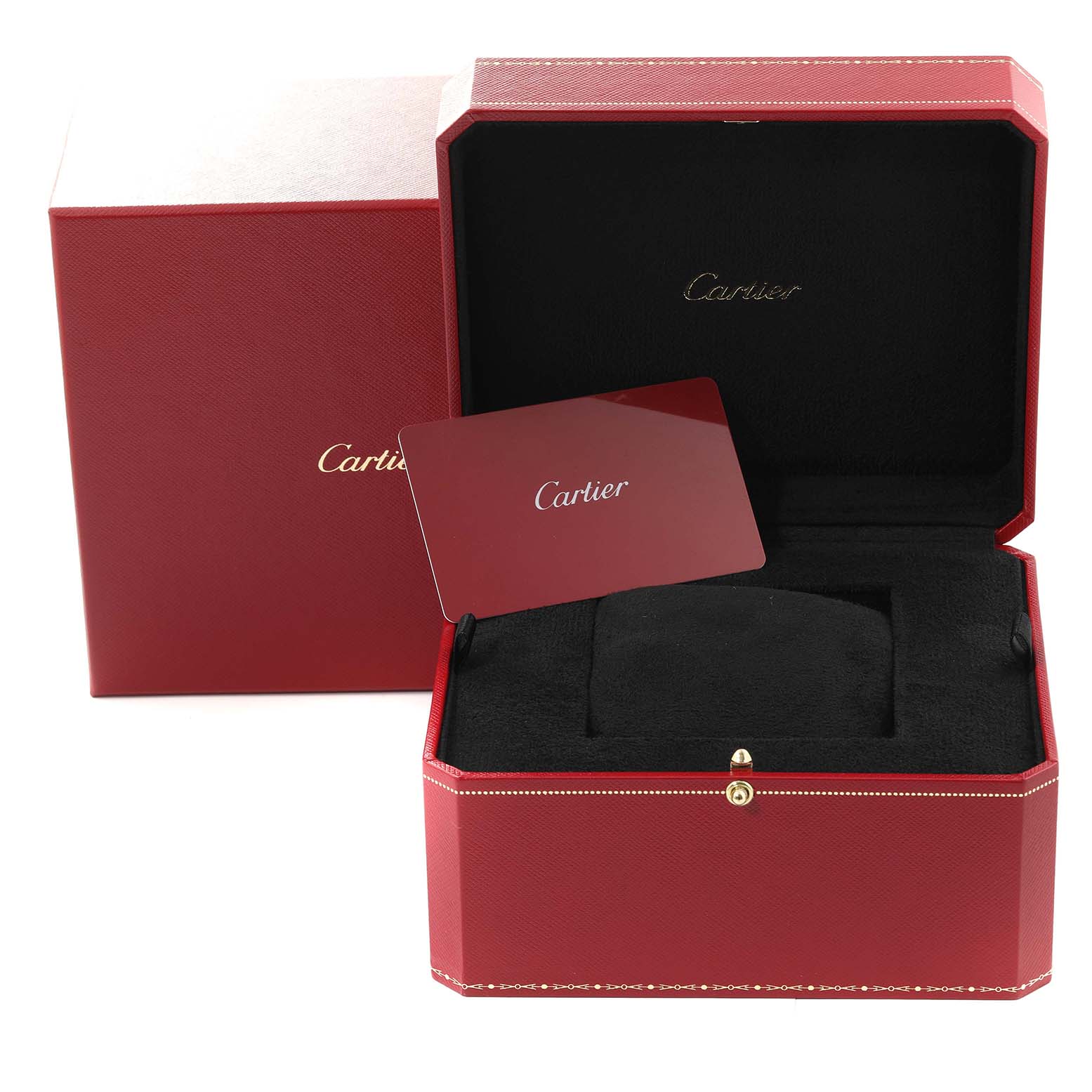 The image shows the packaging and accessories for a Cartier Tank Louis W1529756 Men's Yellow Gold Silver Dial W1529756 Men's Yellow Gold Silver Dial watch, including the box and an authentication card.