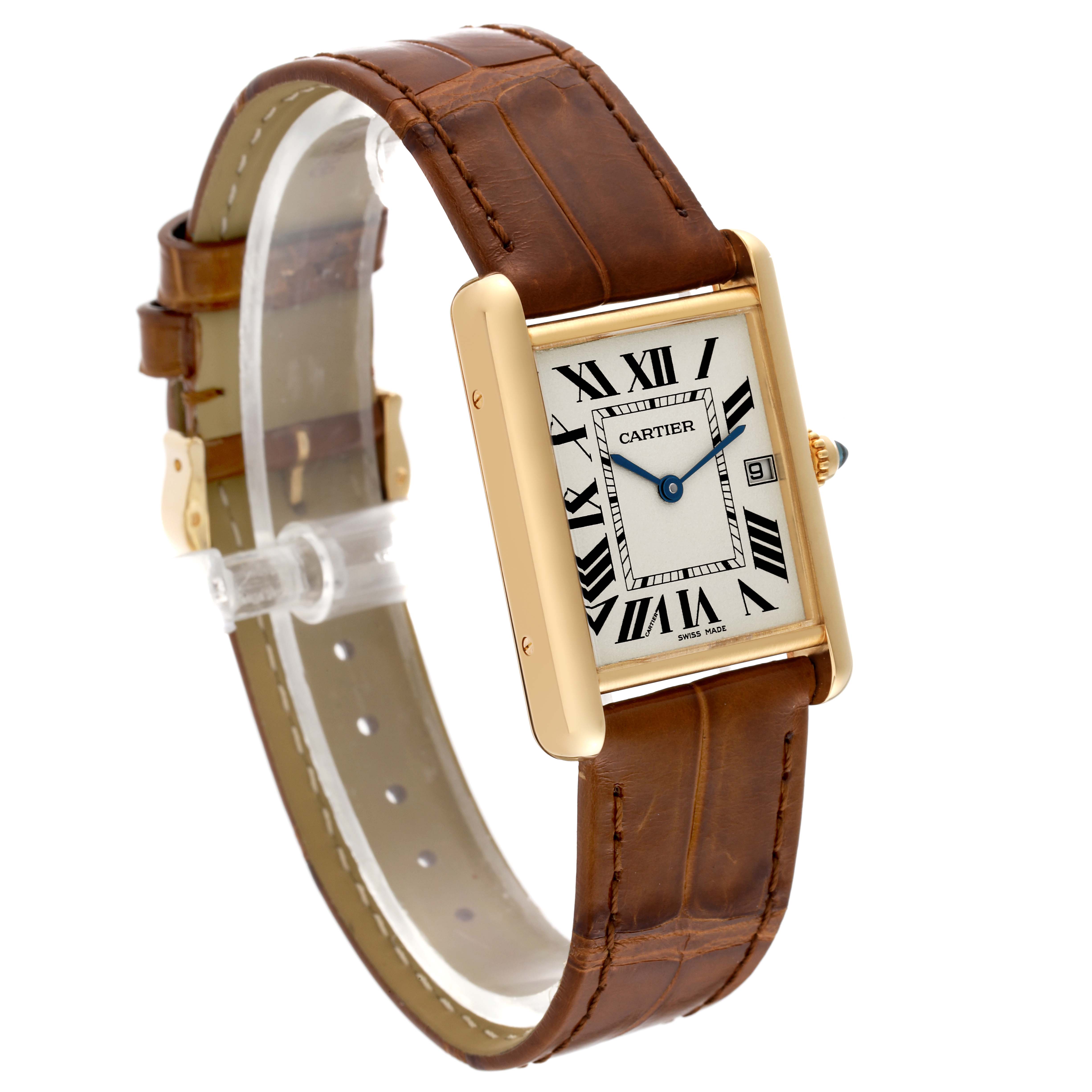 The Cartier Tank Louis W1529756 Men's Yellow Gold Silver Dial W1529756 Men's Yellow Gold Silver Dial model watch is shown at a slight angle, showcasing its face, brown leather strap, and gold casing.