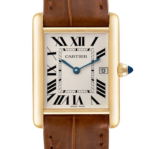 Photo of Cartier Tank Louis Yellow Gold Brown Leather Strap Mens Watch W1529756 Box Card