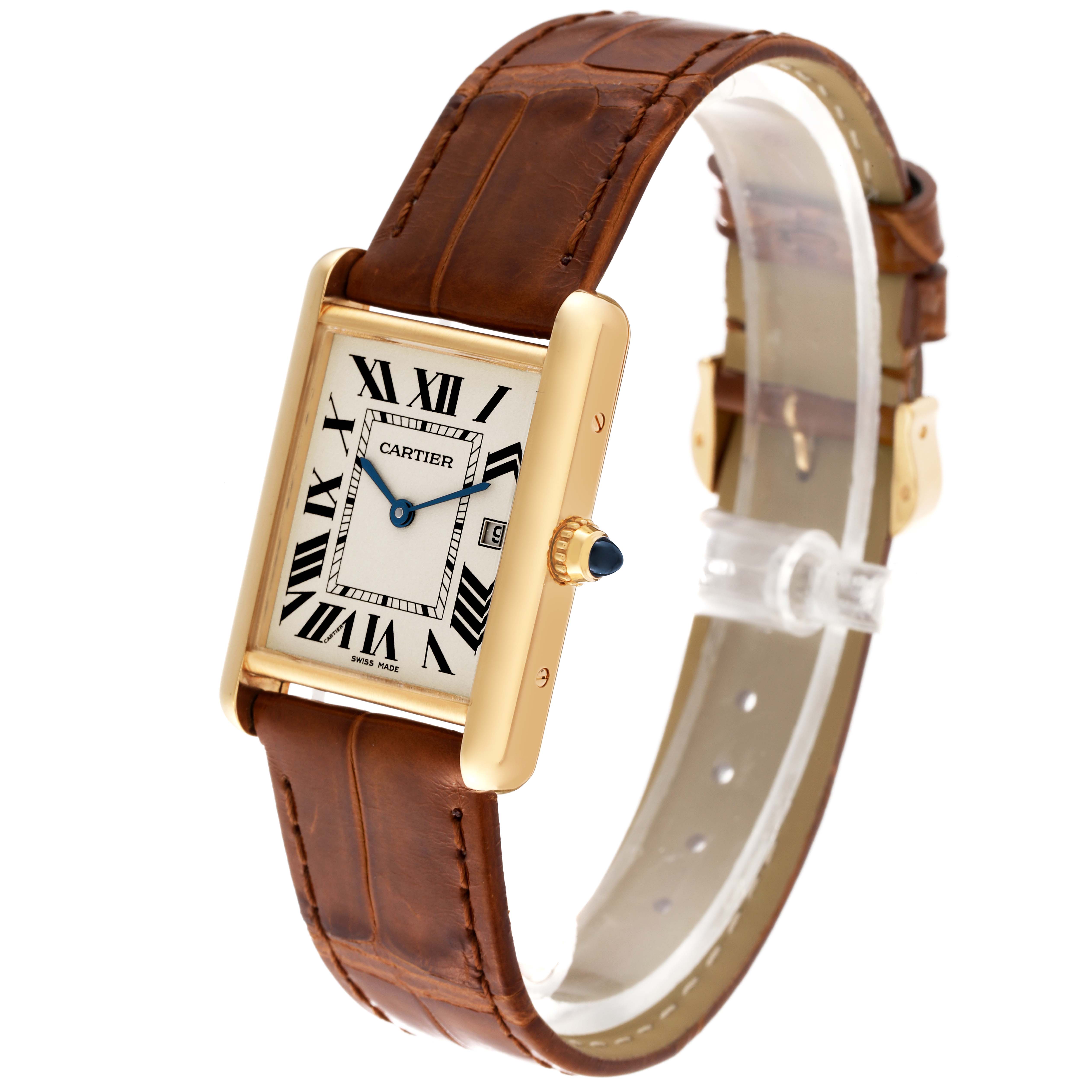 The Tank Louis model by Cartier is shown at a front-left angle, highlighting its strap, dial, crown, and case.