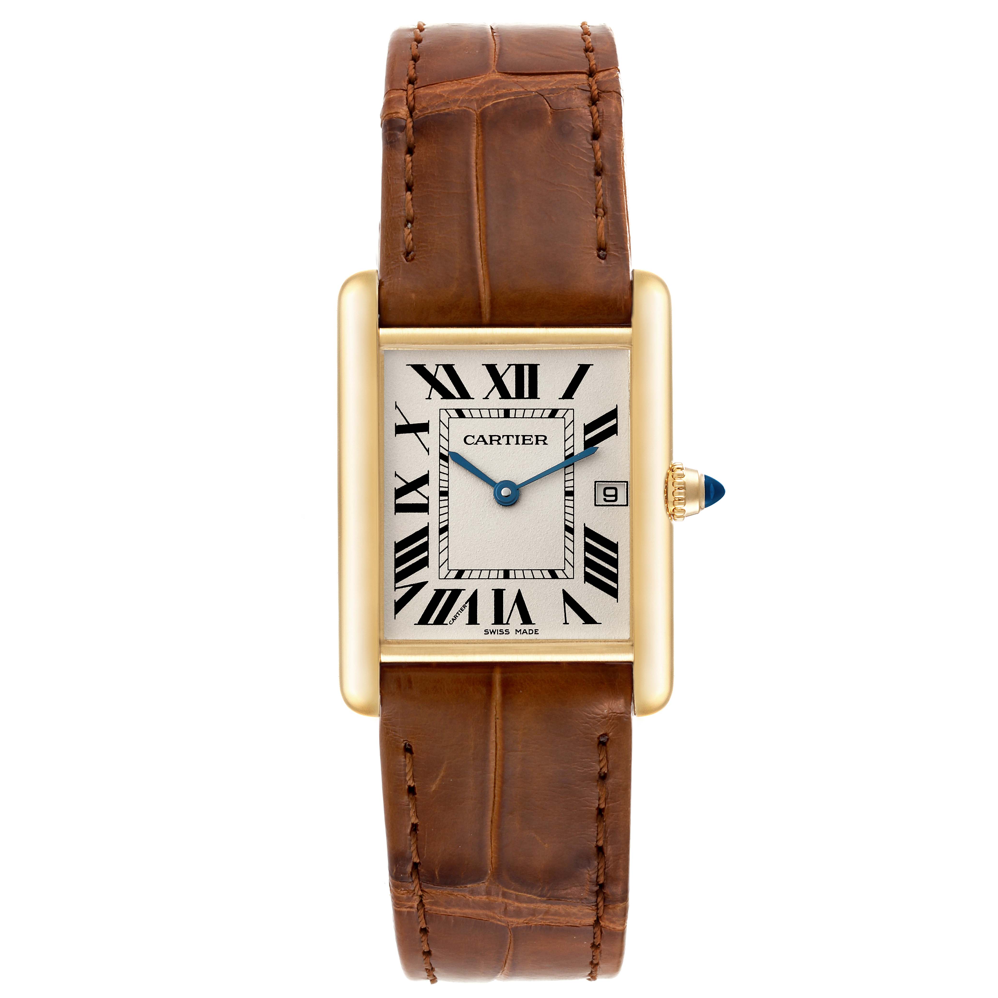 This image shows a frontal view of the Cartier Tank Louis W1529756 Men's Yellow Gold Silver Dial W1529756 Men's Yellow Gold Silver Dial watch, highlighting the dial, hands, bezel, and brown leather strap.