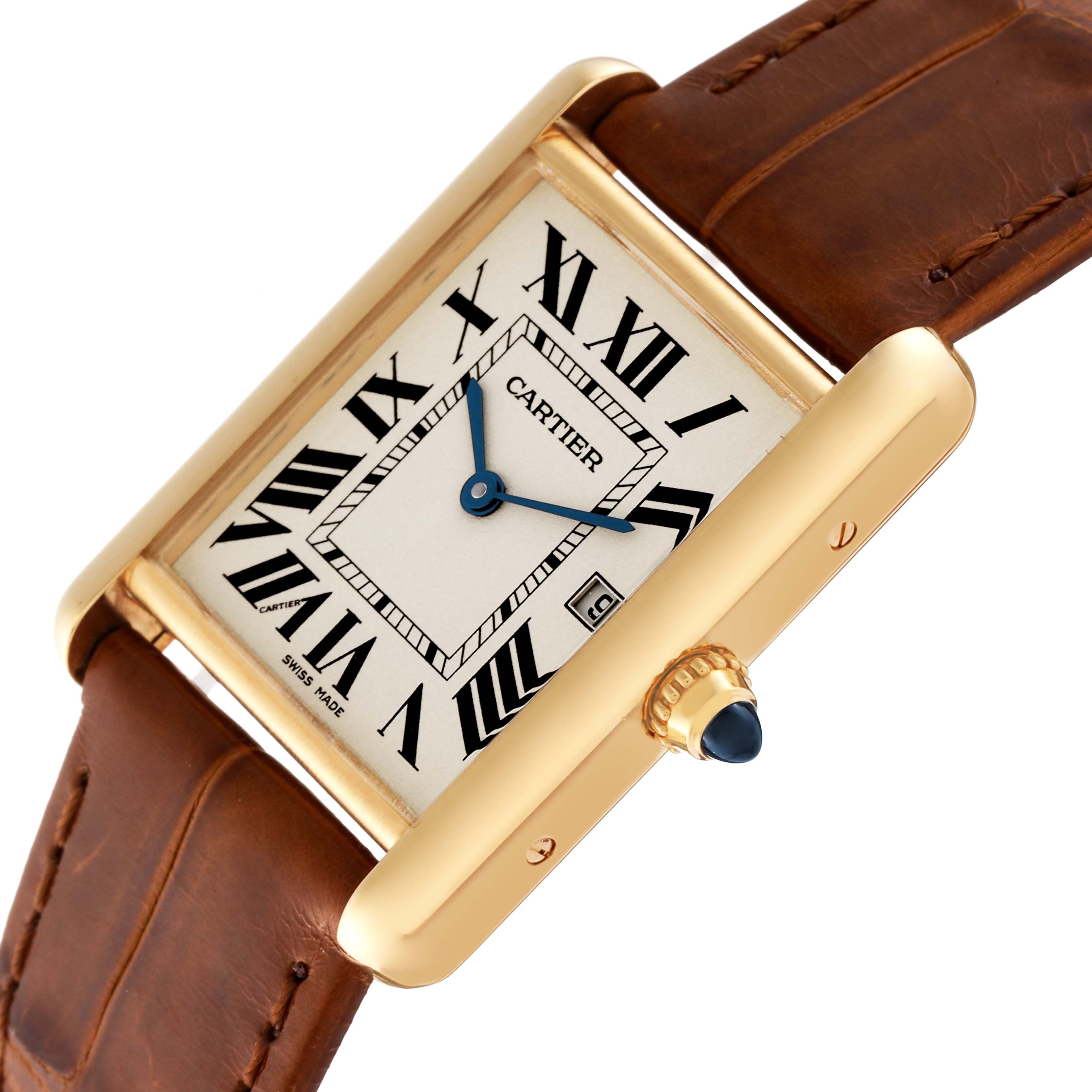 A Cartier Tank Louis W1529756 Men's Yellow Gold Silver Dial W1529756 Men's Yellow Gold Silver Dial watch shown at an angled view, highlighting the rectangular face, Roman numerals, and brown leather strap.