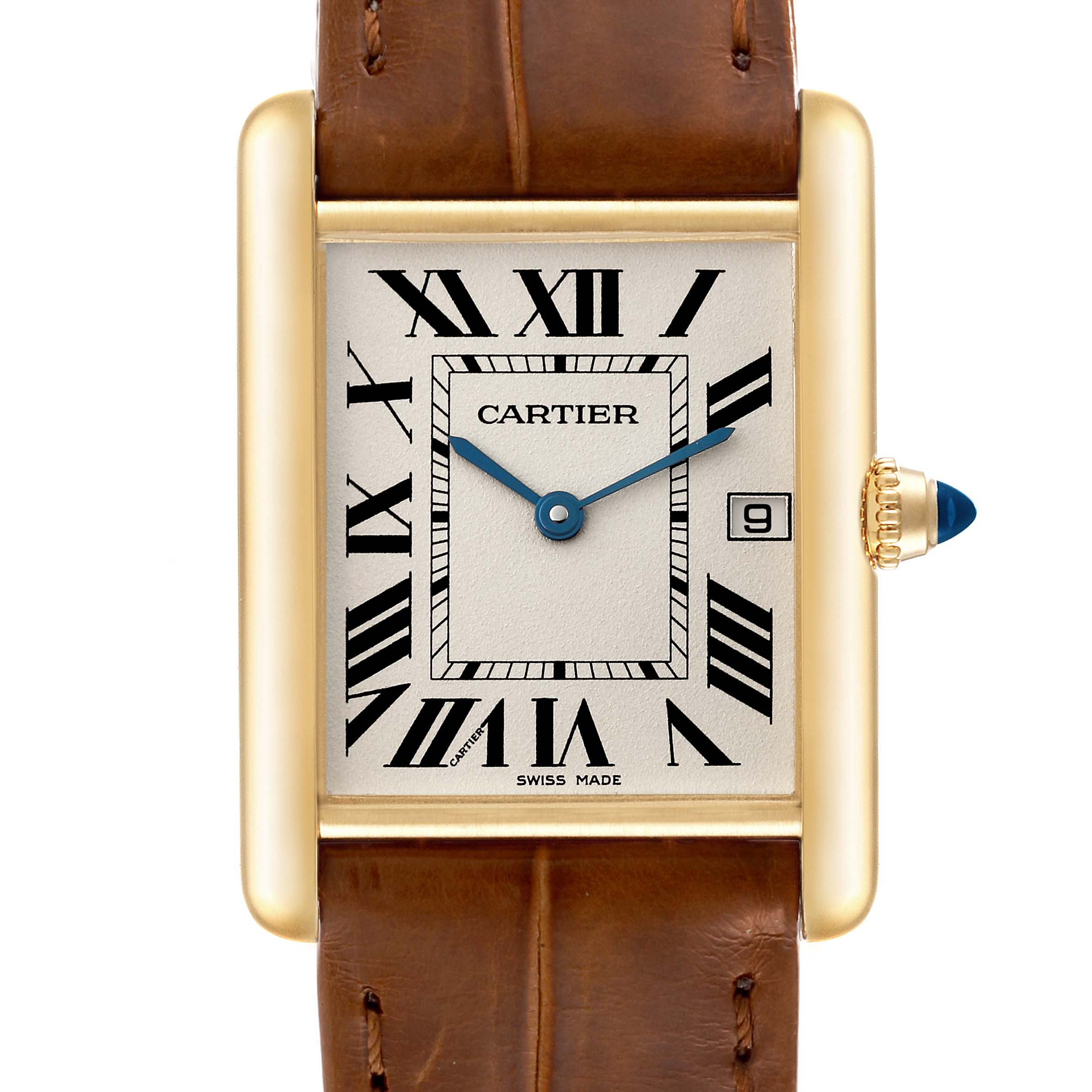 This image shows a frontal view of the Cartier Tank Louis W1529756 Men's Yellow Gold Silver Dial W1529756 Men's Yellow Gold Silver Dial watch, featuring its rectangular dial, Roman numerals, and leather strap.