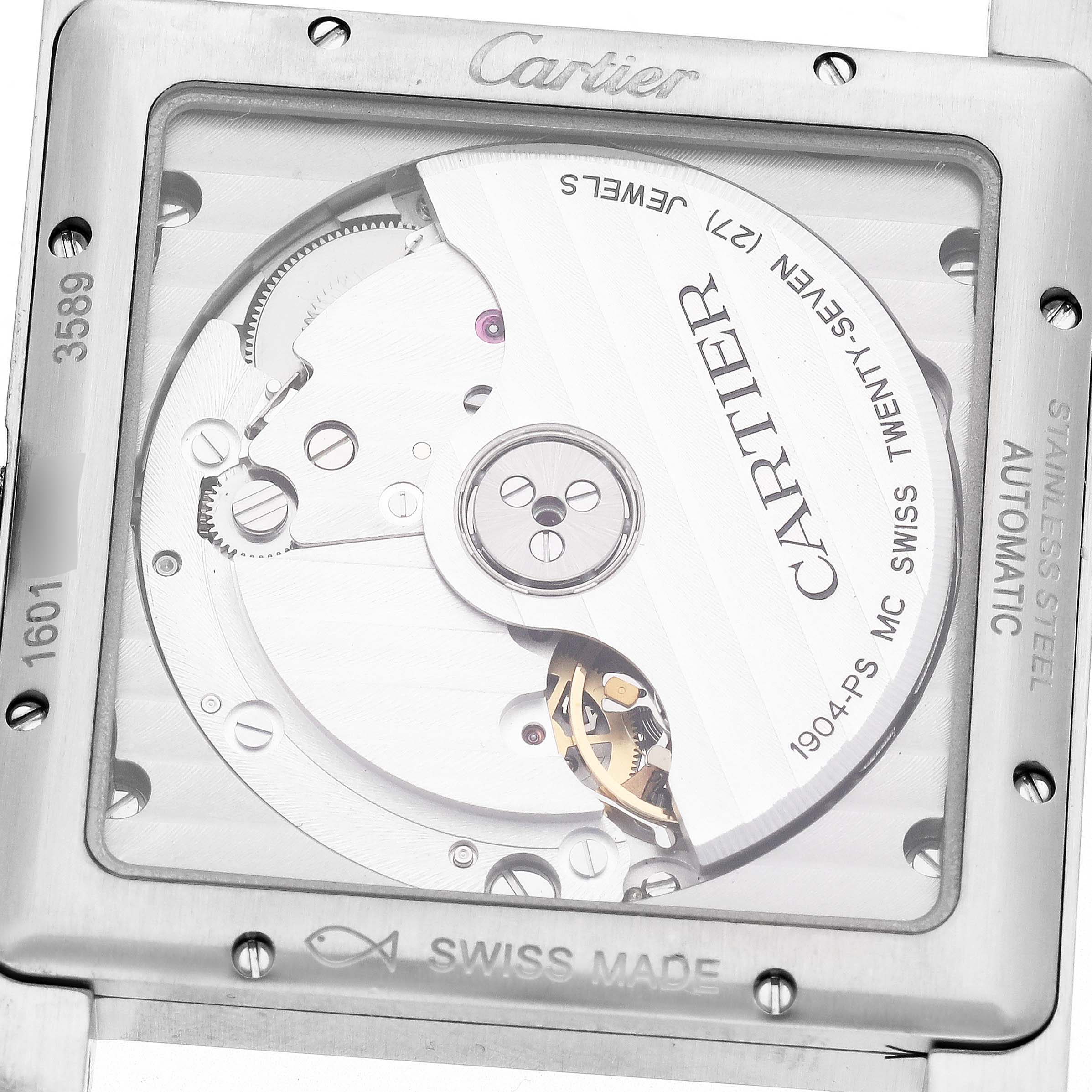 The image shows the back view of the Cartier Tank MC W5330003 Men
s Stainless Steel Silver Dial W5330003 Men
s Stainless Steel Silver Dial watch, highlighting its automatic movement mechanism.