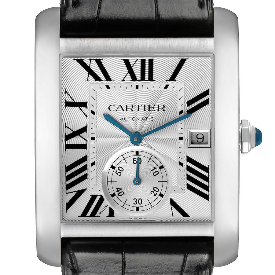 The Cartier Tank MC watch is shown from a top view, highlighting the dial, Roman numerals, date window, and sub-dial.