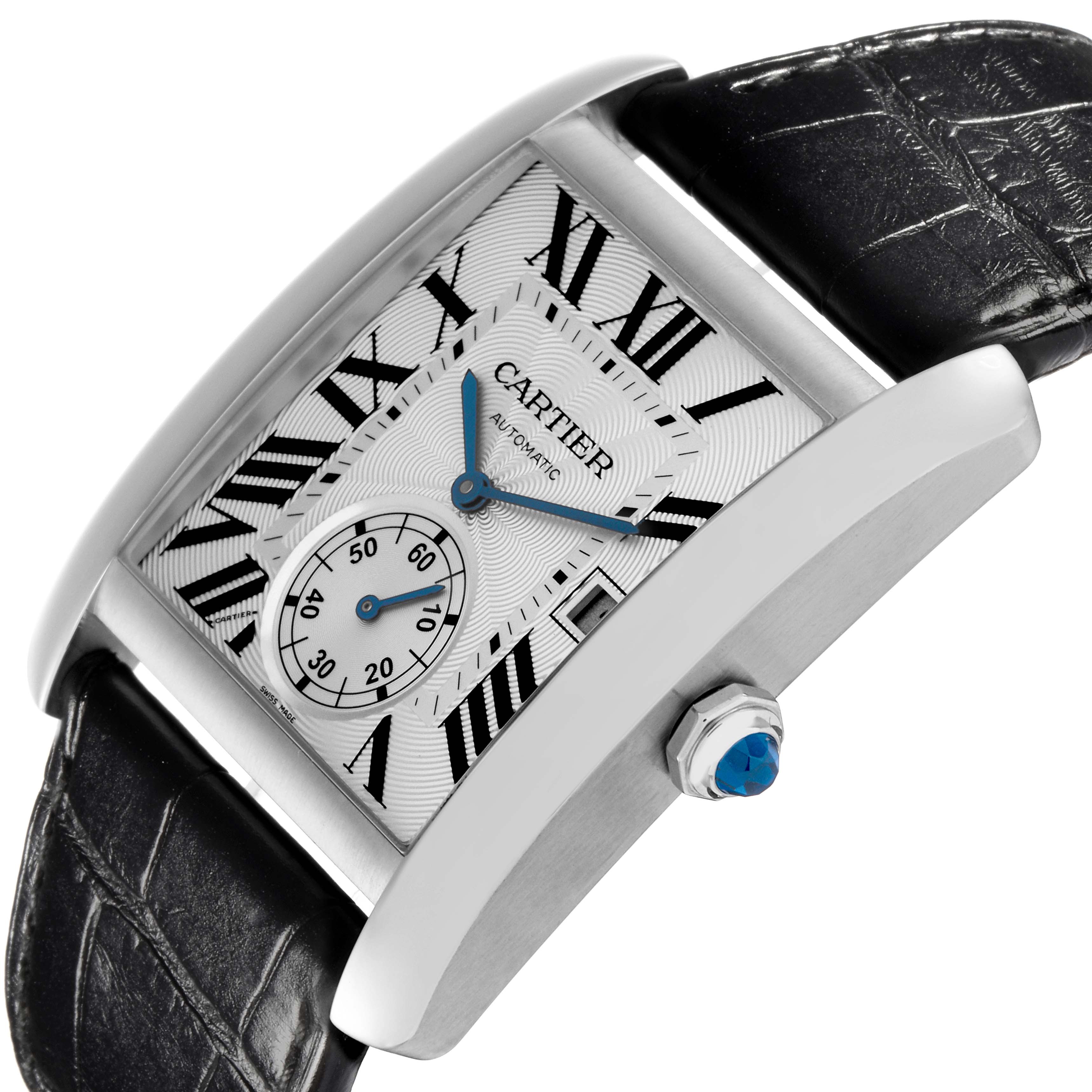 The Cartier Tank MC W5330003 Men
s Stainless Steel Silver Dial W5330003 Men
s Stainless Steel Silver Dial watch is shown at an angle emphasizing the rectangular face, crown, and black leather strap.