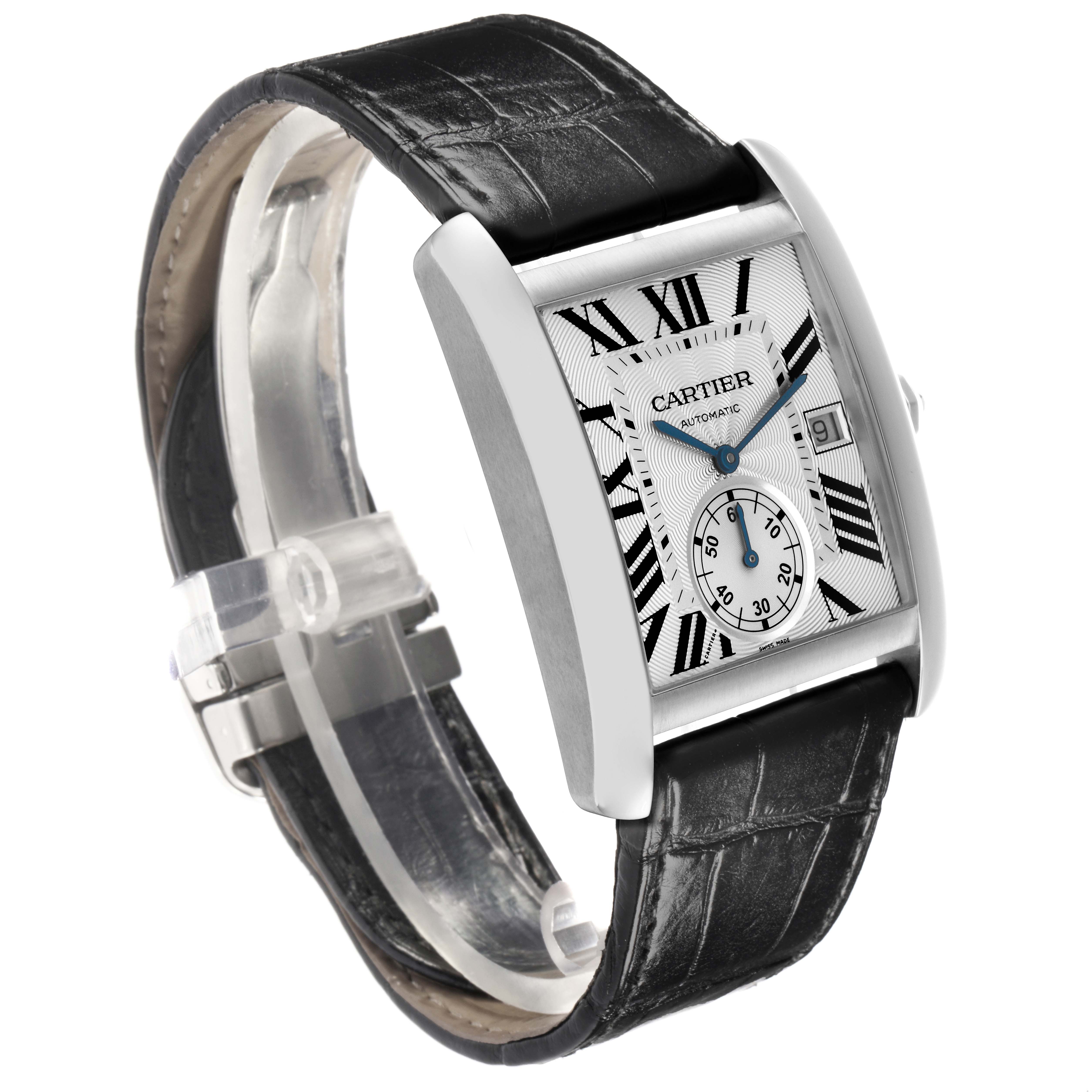 The Cartier Tank MC W5330003 Men
s Stainless Steel Silver Dial W5330003 Men
s Stainless Steel Silver Dial watch is shown at an angle highlighting the square face, Roman numerals, date display, and black leather strap.