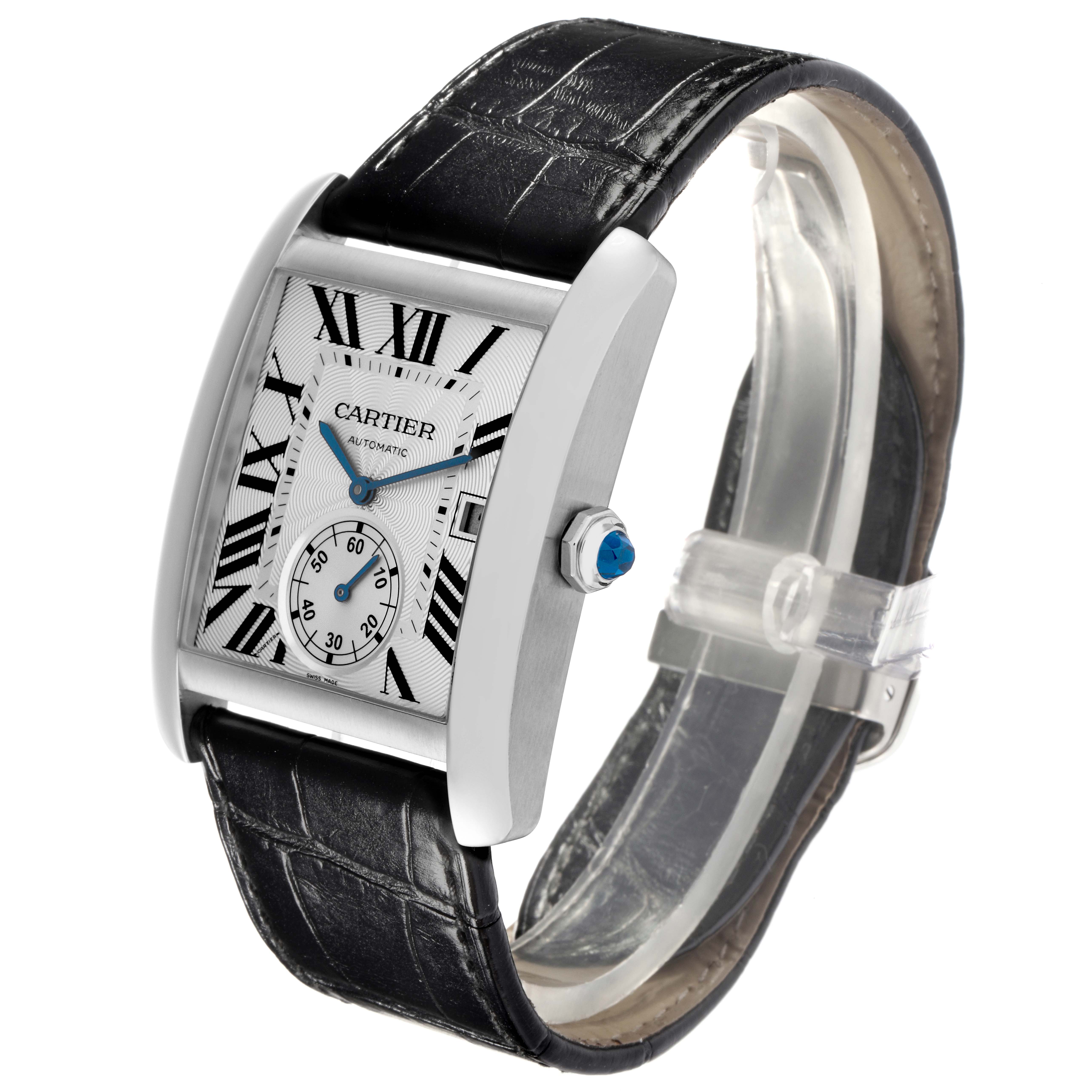 The Cartier Tank MC W5330003 Men
s Stainless Steel Silver Dial W5330003 Men
s Stainless Steel Silver Dial watch is angled to show the face, Roman numerals, leather strap, and detailed crown.