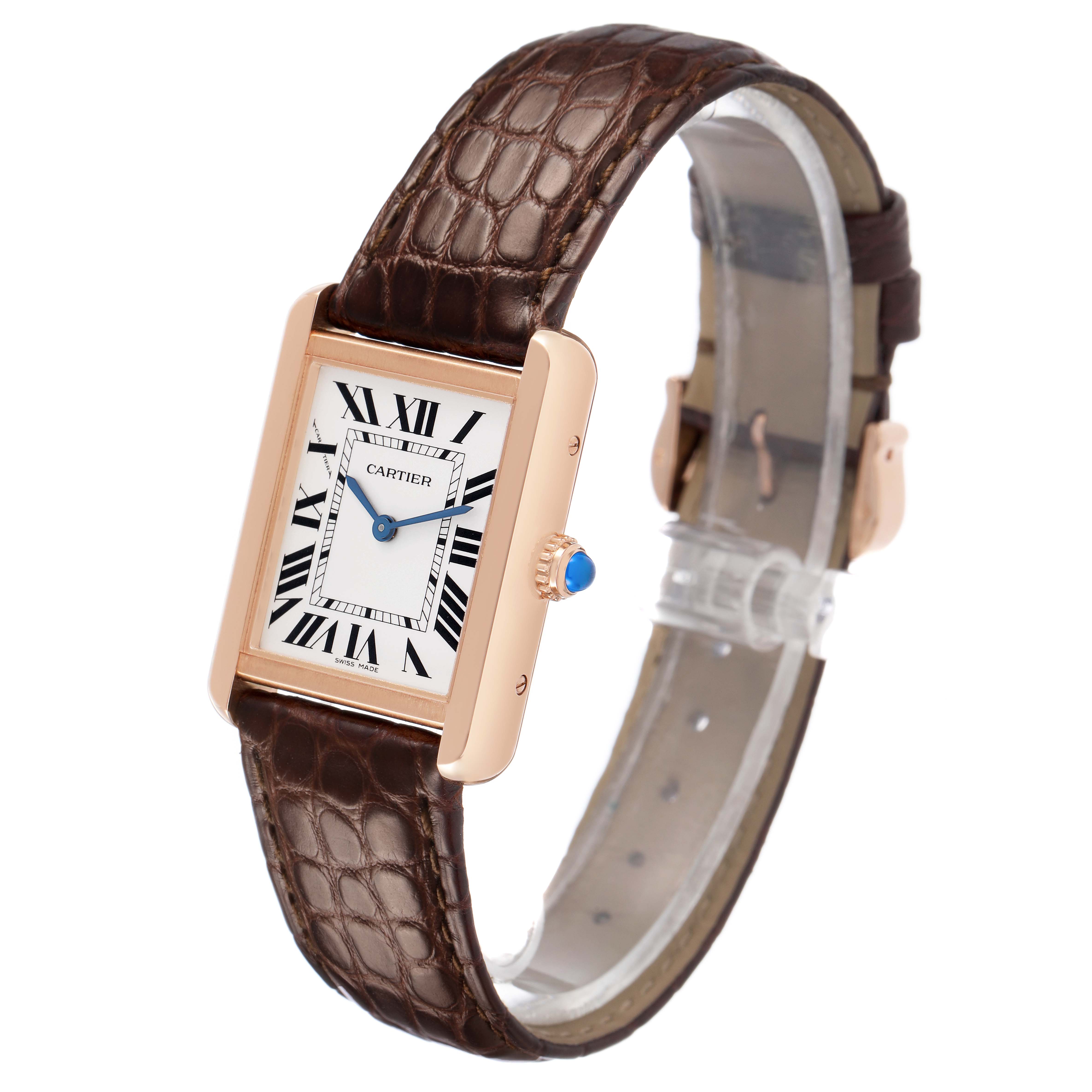 The Cartier Tank Solo W5200024 Women's Rose Gold Silver Dial watch is shown at an angled side view, displaying the face, crown, and leather strap.