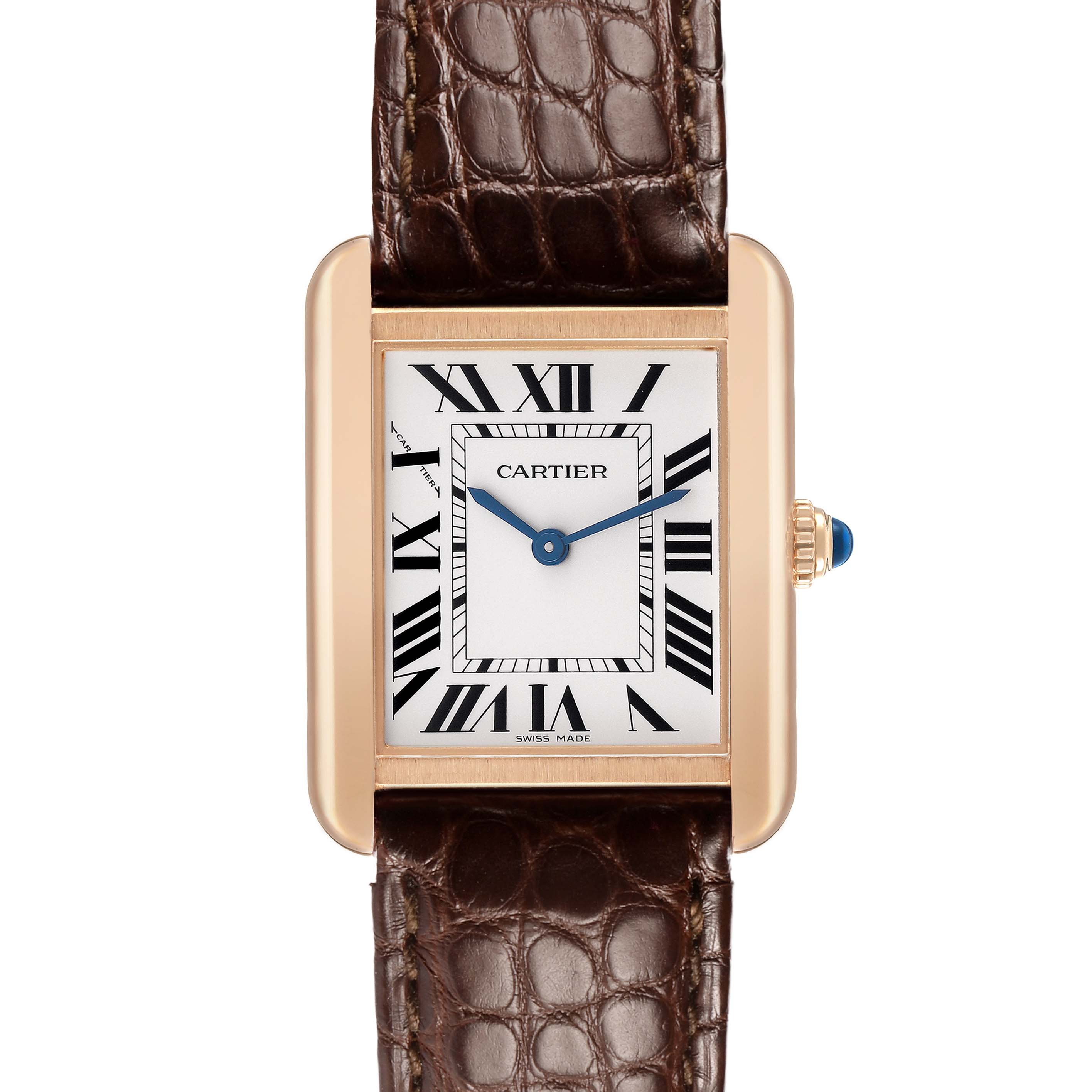 The Cartier Tank Solo W5200024 Women's Rose Gold Silver Dial watch is shown from a front angle, displaying the face, Roman numerals, and brown leather strap.