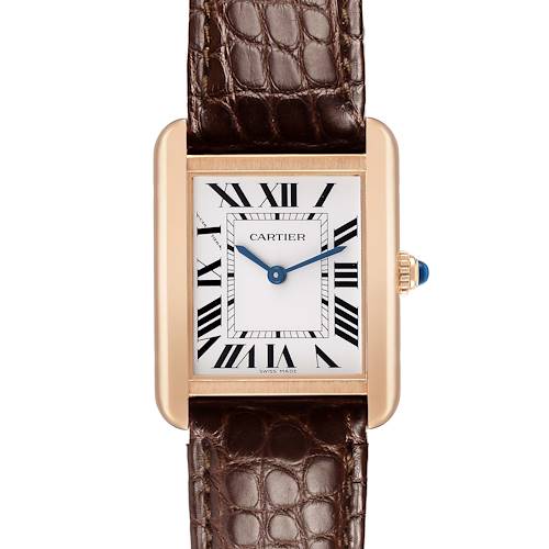 The Cartier Tank Solo W5200024 Women's Rose Gold Silver Dial watch is shown from a front angle, displaying its face, Roman numerals, and brown leather strap.