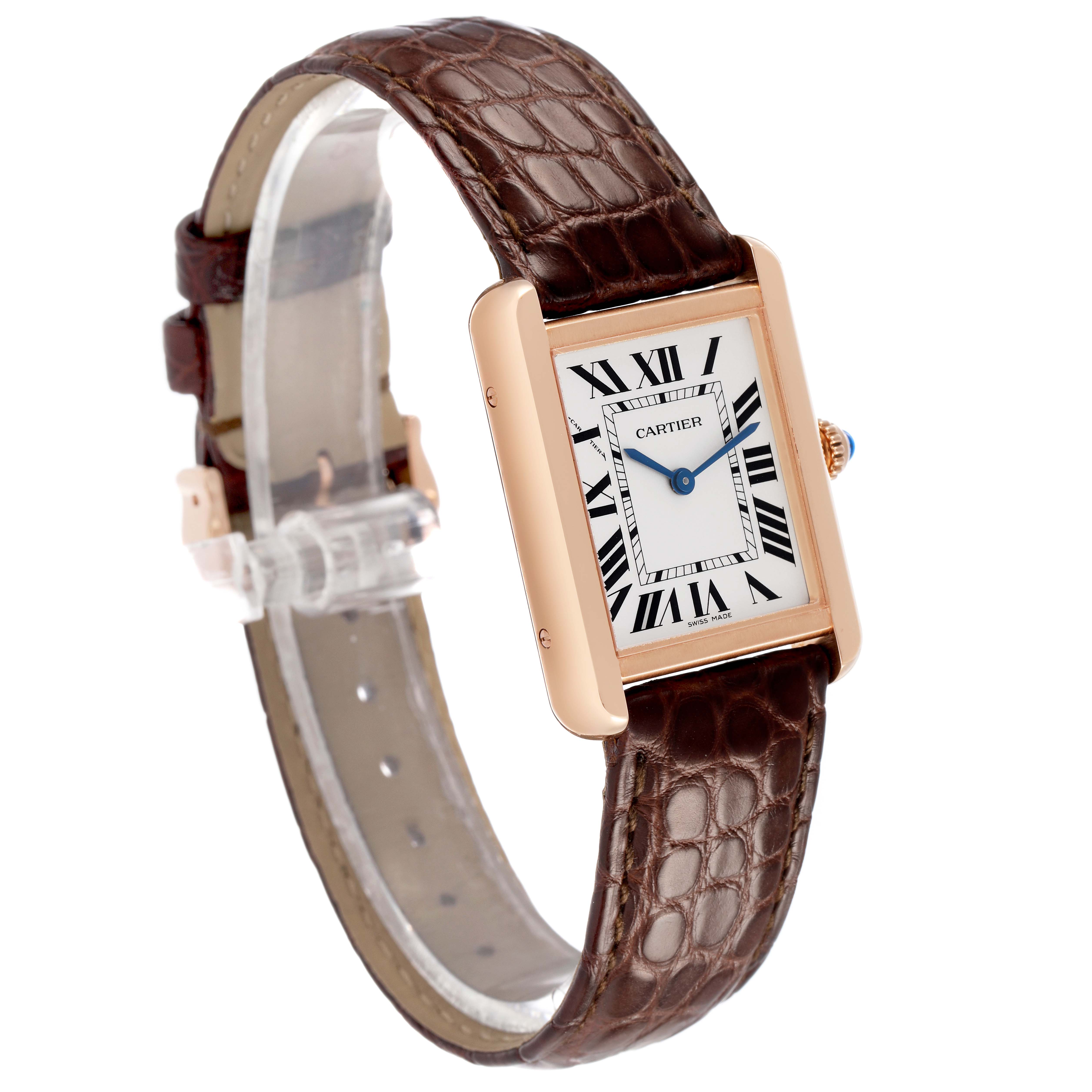 The Cartier Tank Solo W5200024 Women's Rose Gold Silver Dial watch is shown at a three-quarter angle, displaying the face, case, crown, and brown leather strap.