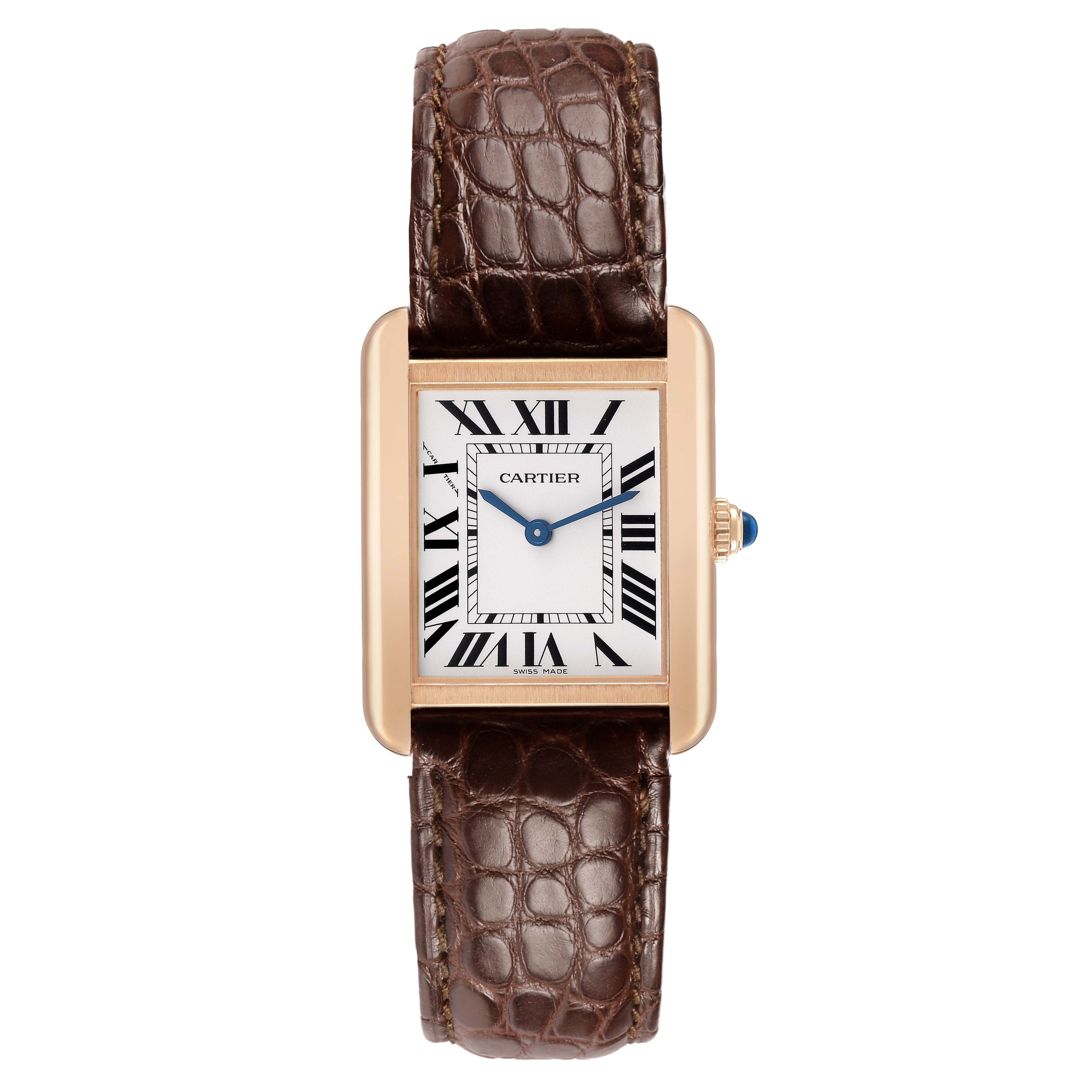 The Cartier Tank Solo W5200024 Women's Rose Gold Silver Dial watch is shown from a top view, featuring a rectangular face, Roman numerals, blue hands, and a brown leather strap.