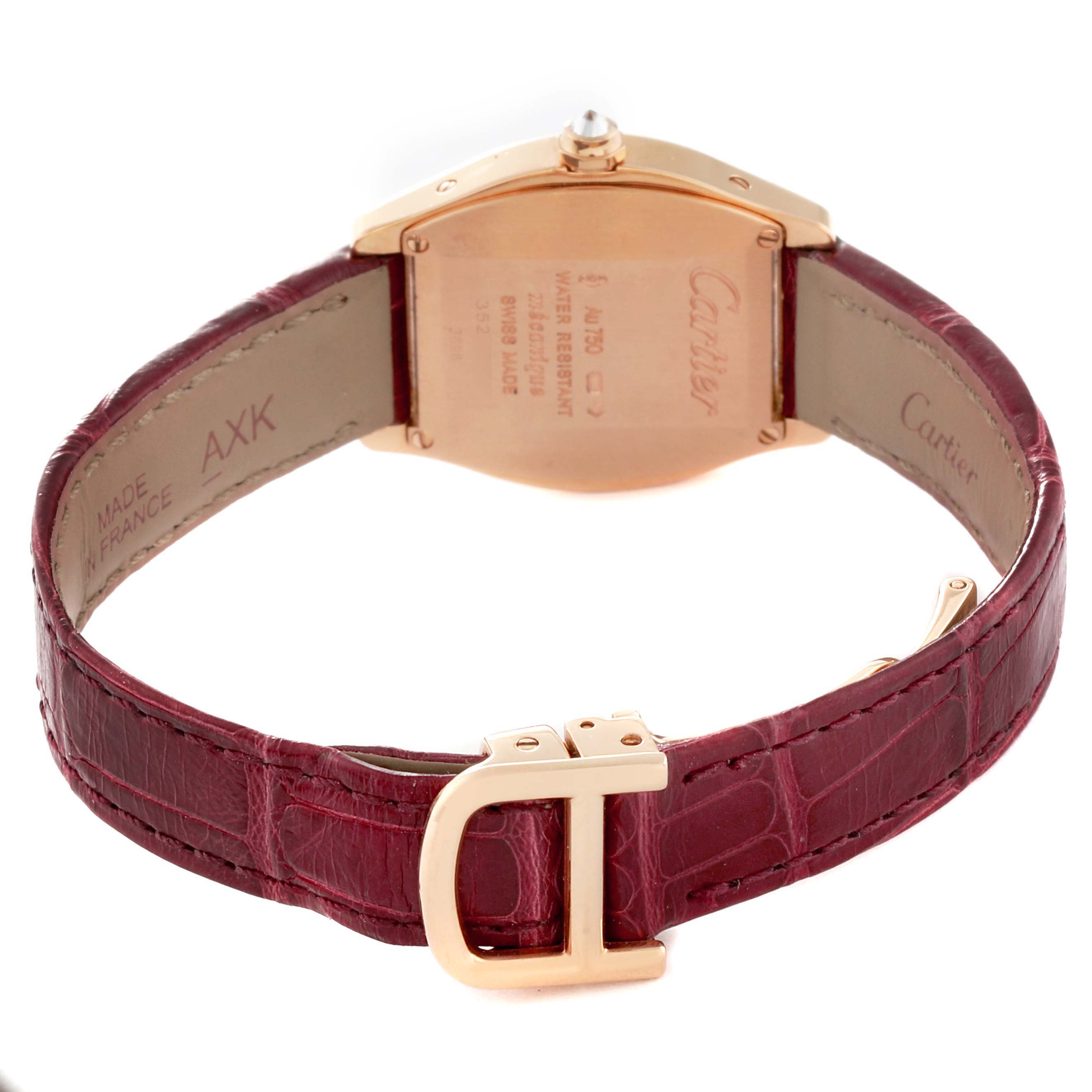 This image shows the back view of a Cartier Tortue WA501010 Women's Rose Gold Silver Dial WA501010 Women's Rose Gold Silver Dial watch, focusing on the clasp, band, and caseback.