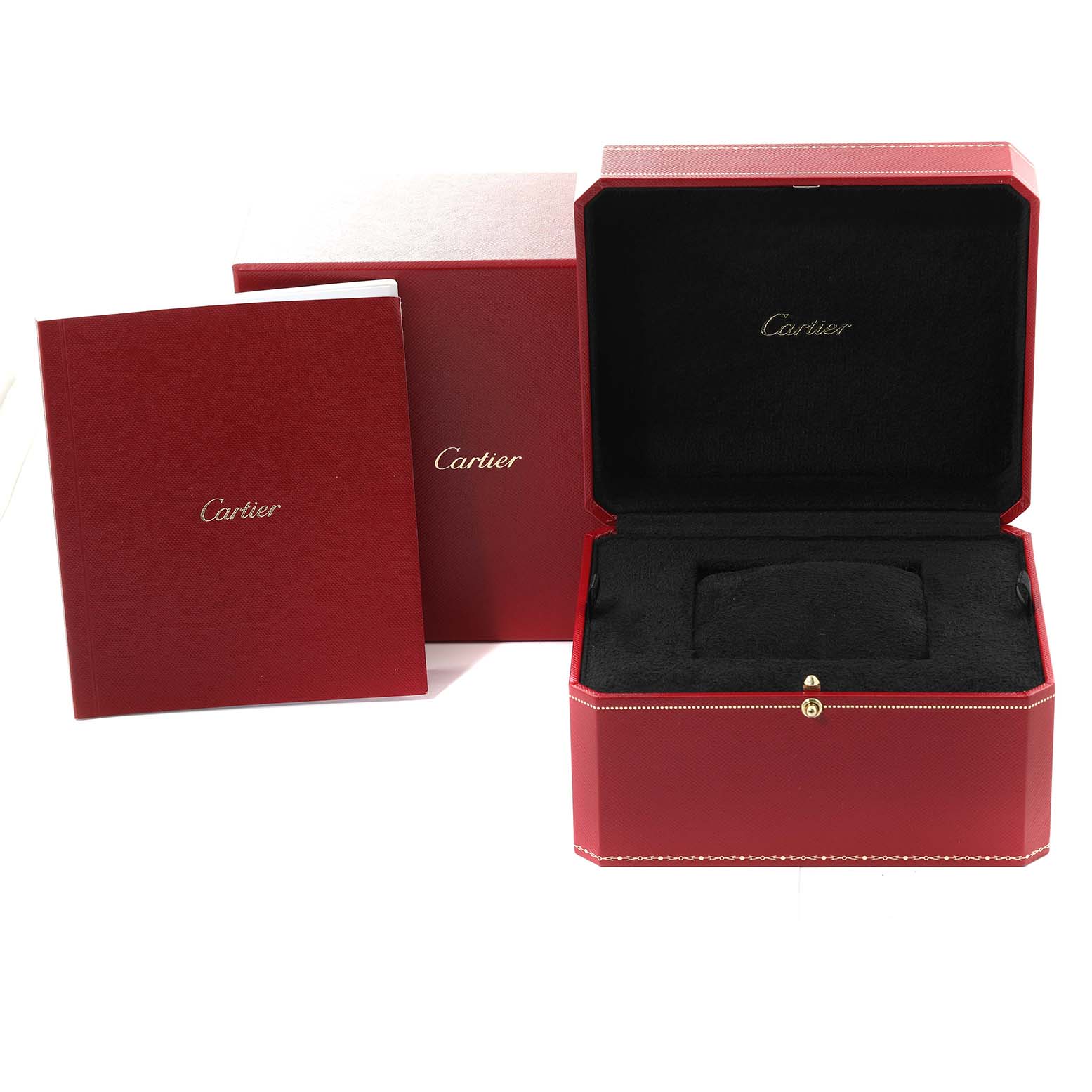 The image shows an open red watch box and booklet for the Tortue model by Cartier, viewed from the front.