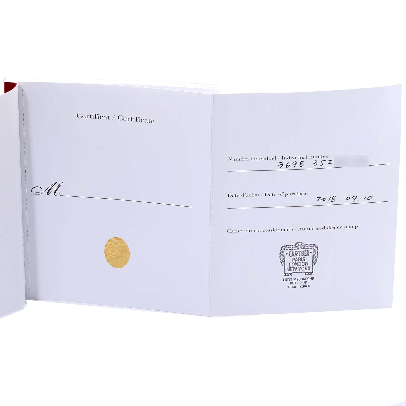 The image shows an open booklet with a certificate and purchase details for a Cartier Tortue WA501010 Women's Rose Gold Silver Dial WA501010 Women's Rose Gold Silver Dial watch.