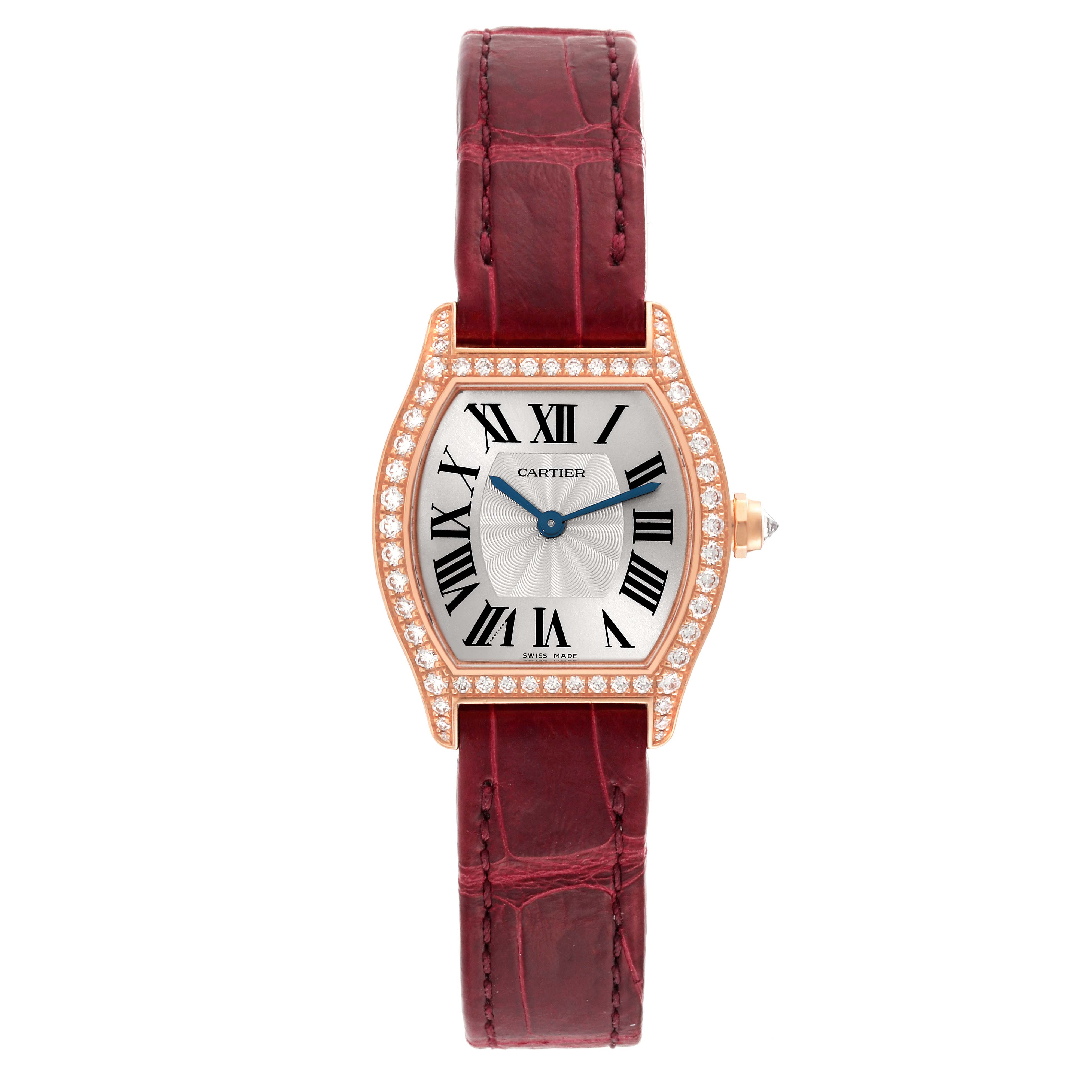 The image shows a front view of a Cartier Tortue WA501010 Women's Rose Gold Silver Dial WA501010 Women's Rose Gold Silver Dial watch with a diamond-studded bezel and red leather strap.