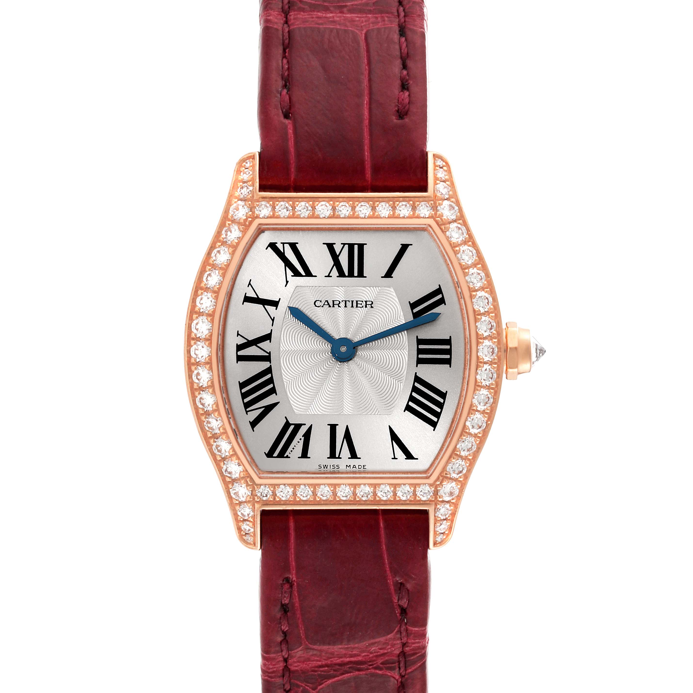 The image shows a Cartier Tortue WA501010 Women's Rose Gold Silver Dial WA501010 Women's Rose Gold Silver Dial watch from a front angle, displaying its dial, case, and part of the strap.