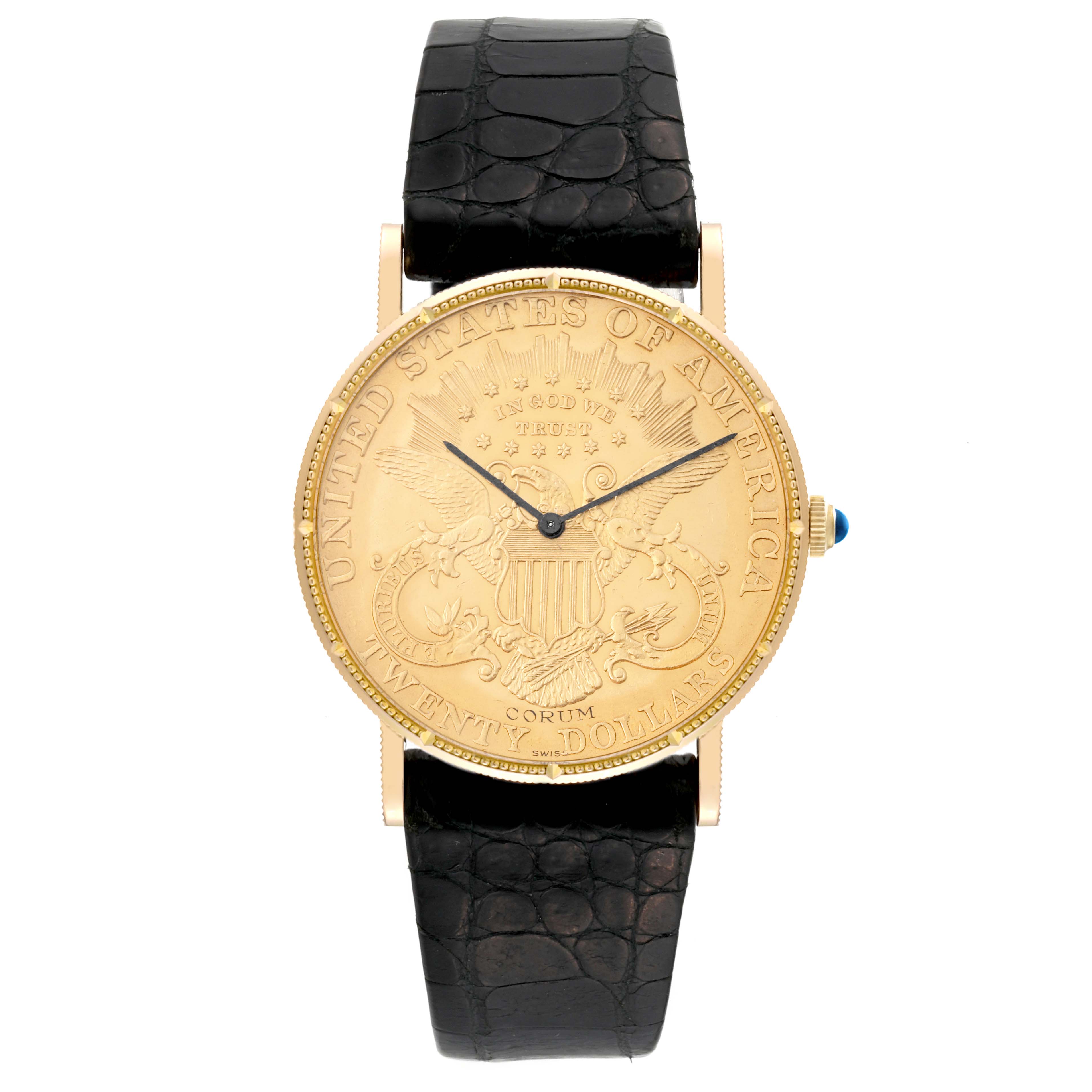 The image shows a Corum Coin Watch Men's Yellow Gold Yellow Dial Men's Yellow Gold Yellow Dial model in a front view, displaying its gold dial, black leather strap, and blue gemstone crown.