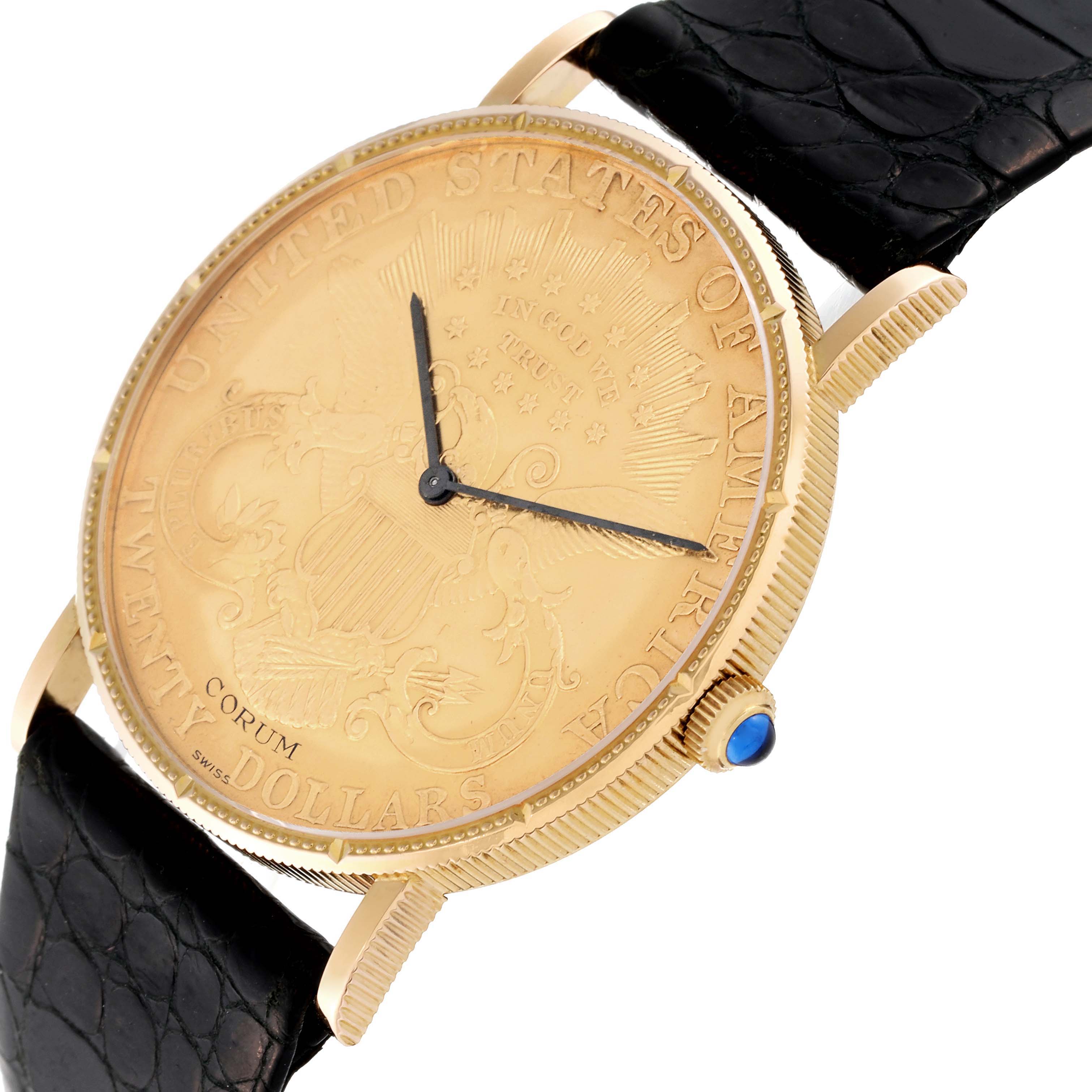 The image shows a close-up angle of the Corum Coin Watch Men's Yellow Gold Yellow Dial Men's Yellow Gold Yellow Dial model, displaying the gold coin dial, black leather strap, and blue cabochon crown.