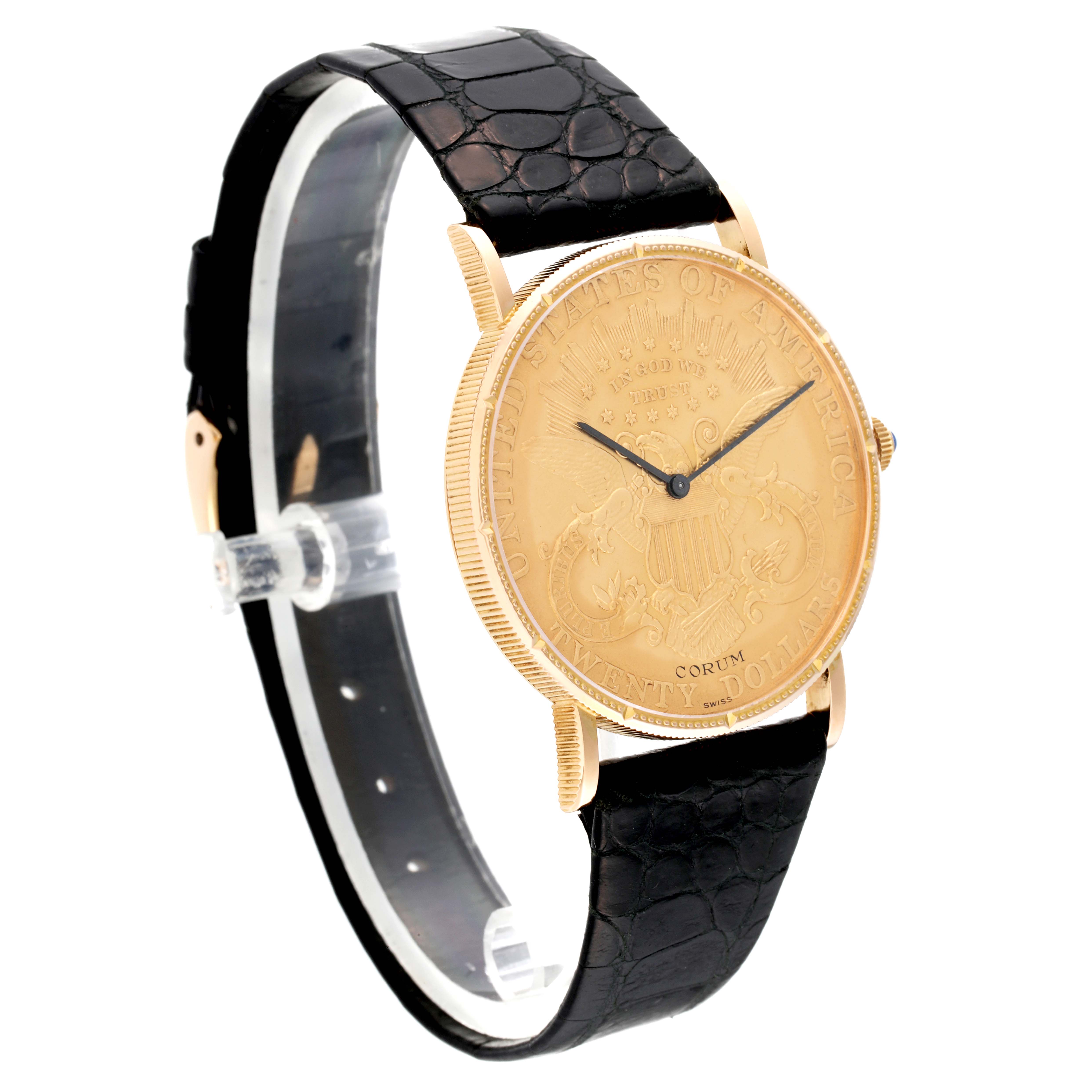 The Corum Coin Watch Men's Yellow Gold Yellow Dial Men's Yellow Gold Yellow Dial is shown at a slight angle, displaying its gold coin dial, hands, and black leather strap.