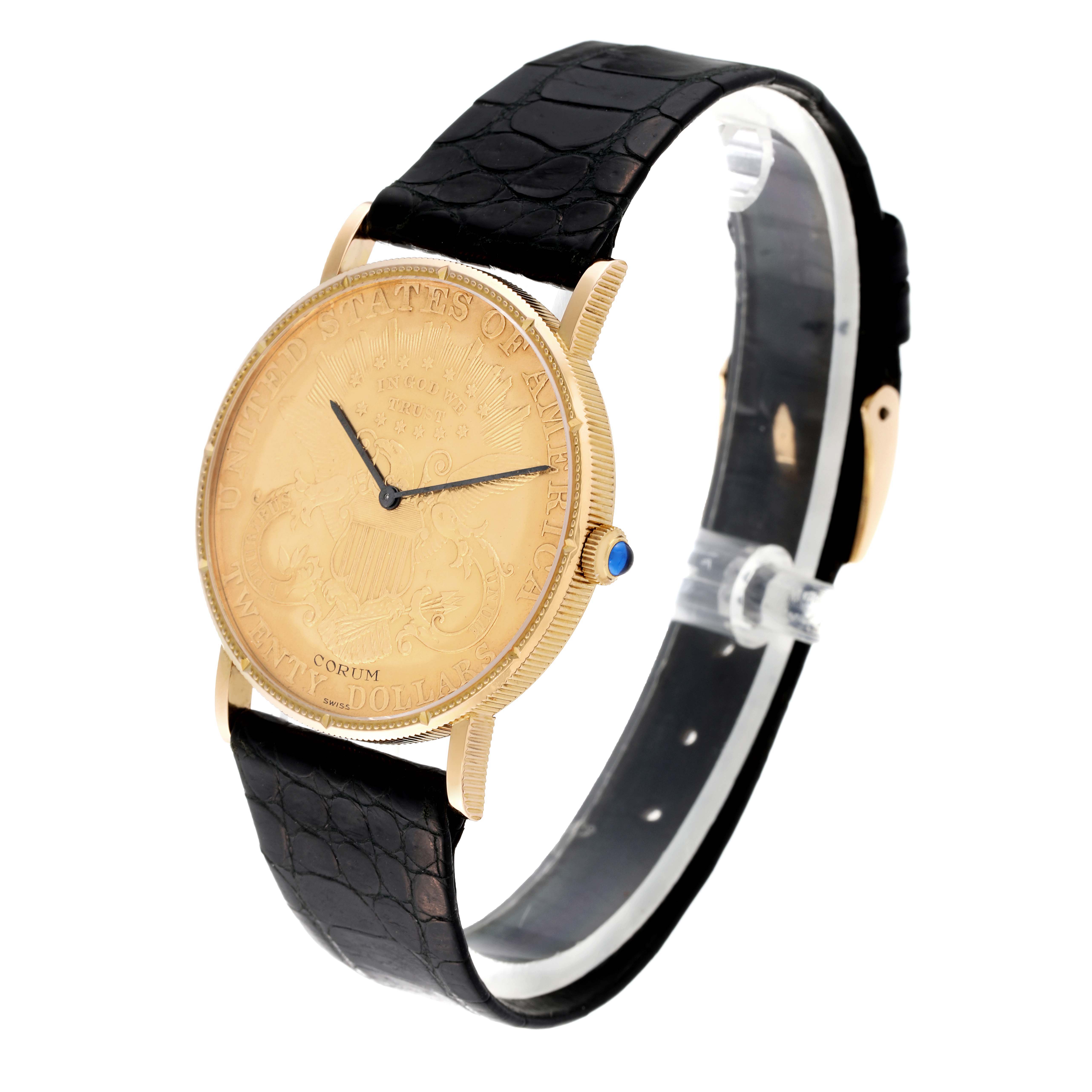 The image shows a Corum Coin Watch Men's Yellow Gold Yellow Dial Men's Yellow Gold Yellow Dial model angled from the front-left, displaying the watch face, black strap, and gold crown with a blue gem.