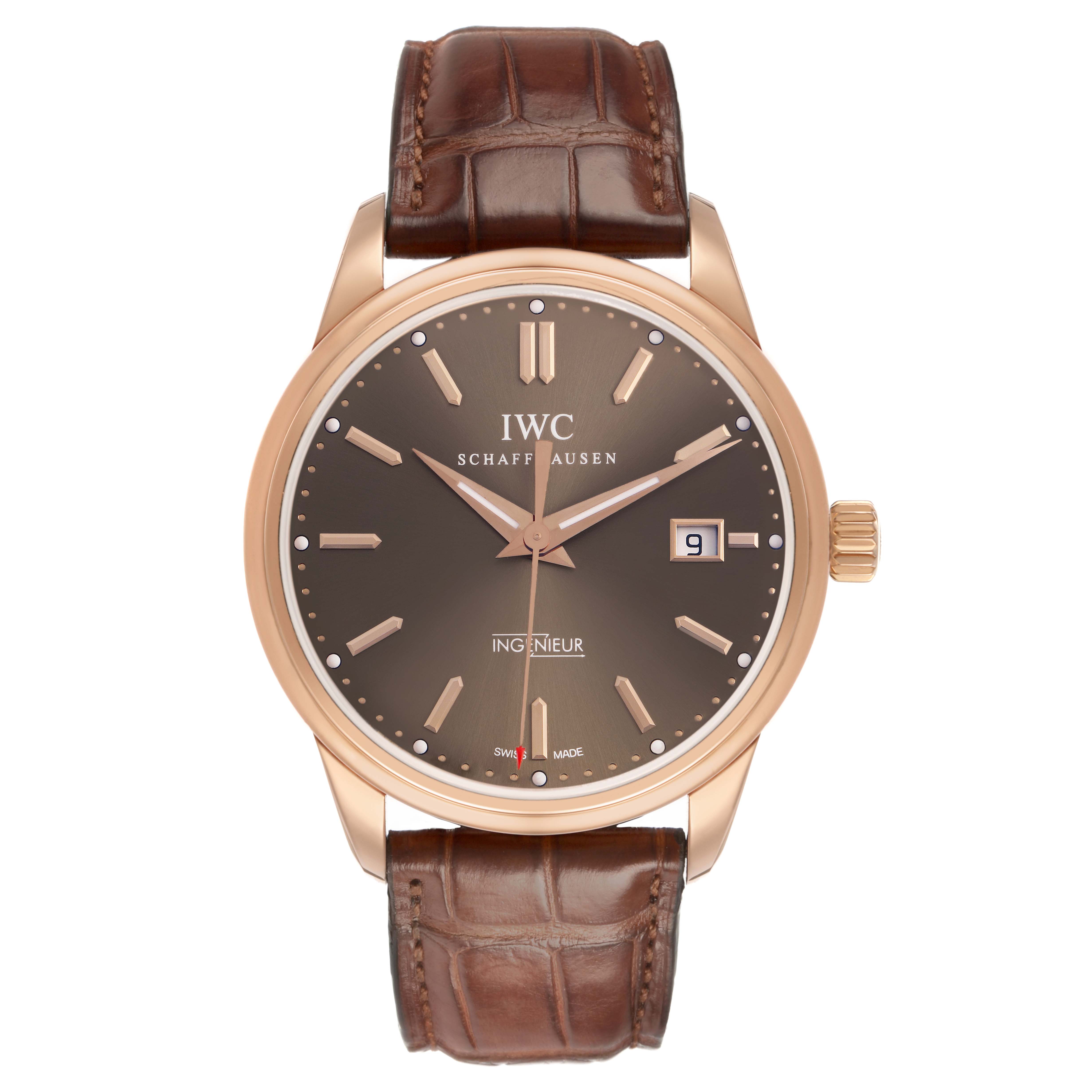The IWC Ingenieur IW323312 Men's Rose Gold Brown Dial watch is shown from a front angle, displaying its face, hands, date function, and brown leather strap.