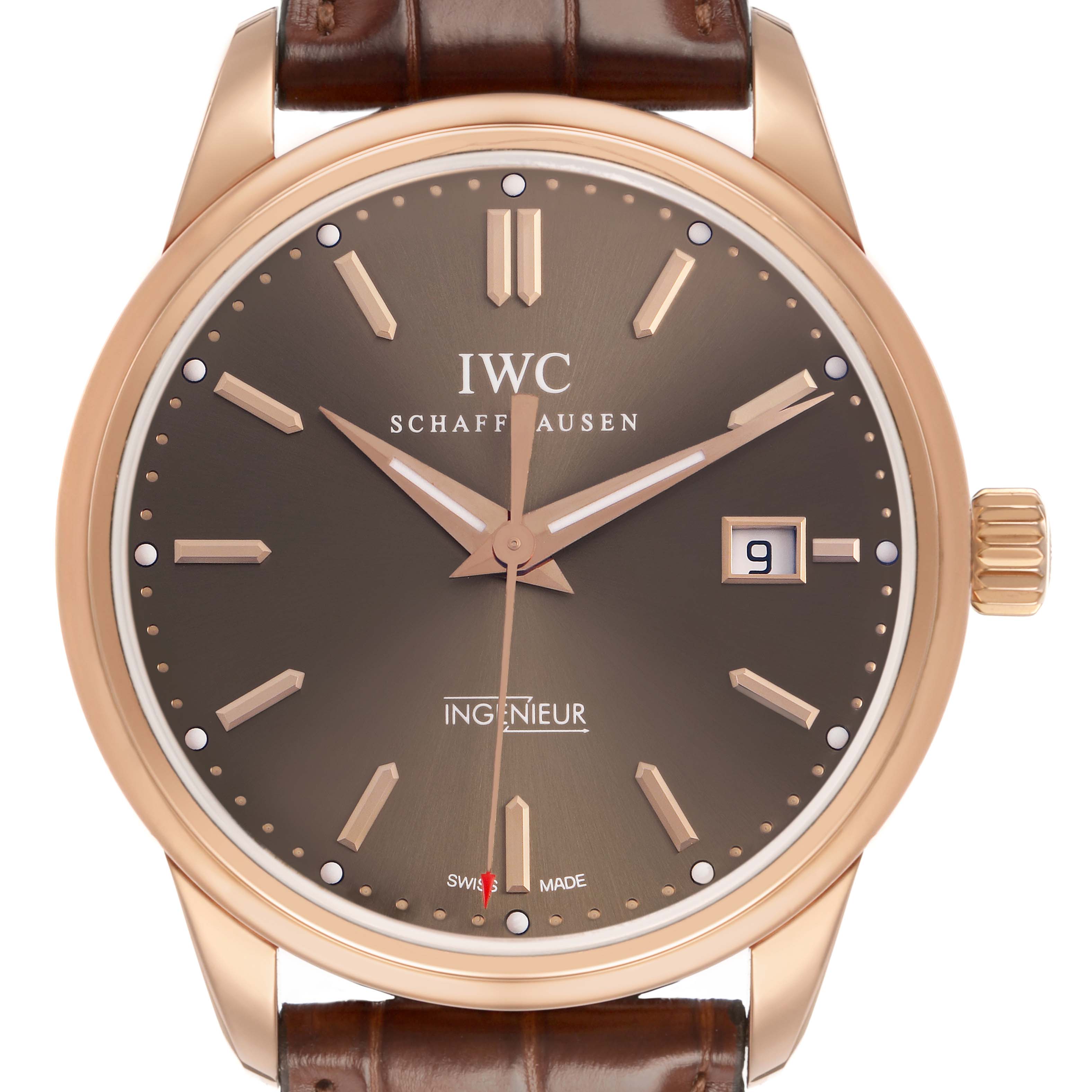 The IWC Ingenieur IW323312 Men's Rose Gold Brown Dial watch is shown from a front angle, highlighting the dial, hands, indices, and crown.