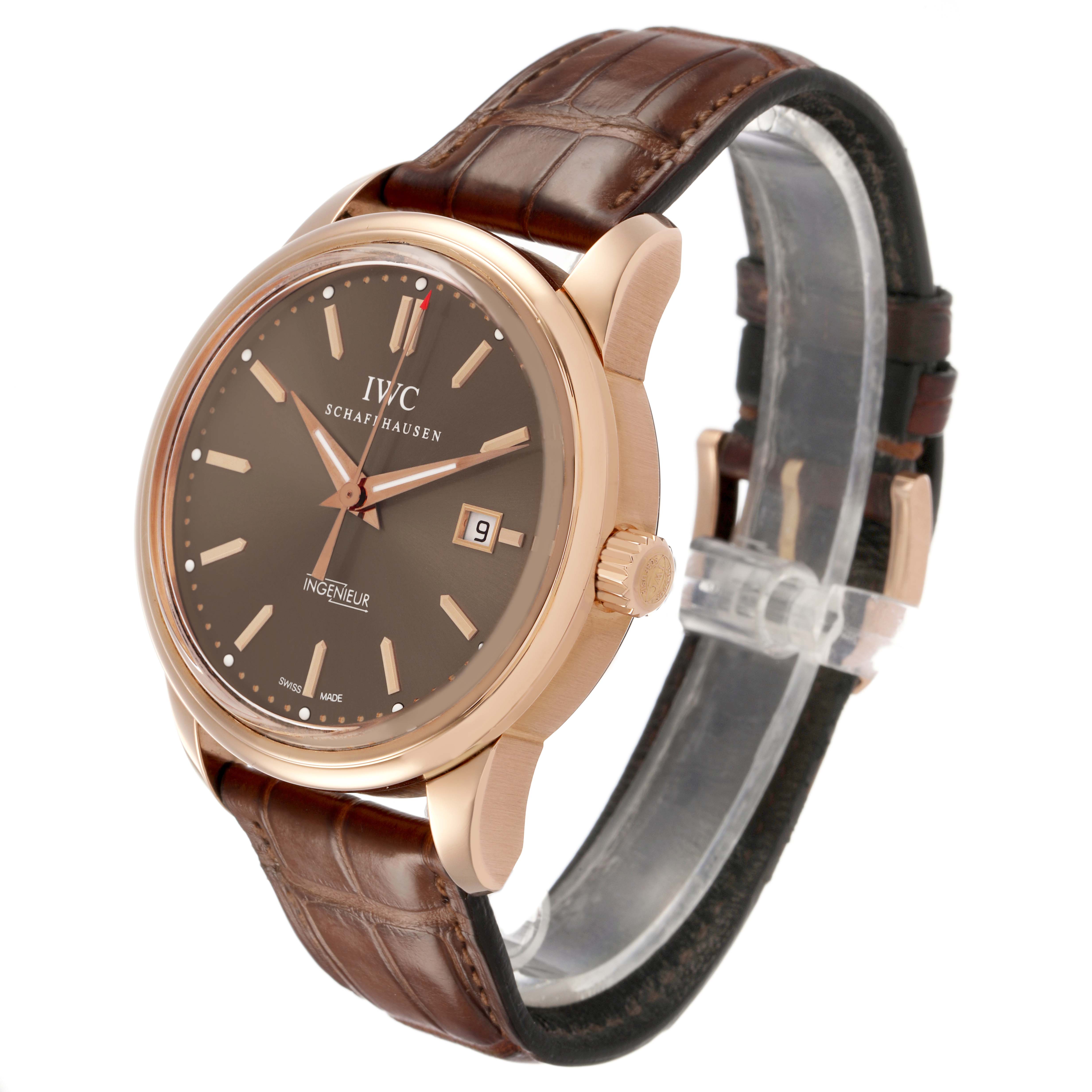 The IWC Ingenieur IW323312 Men's Rose Gold Brown Dial watch is shown at a three-quarter angle, displaying the dial, crown, and leather strap.