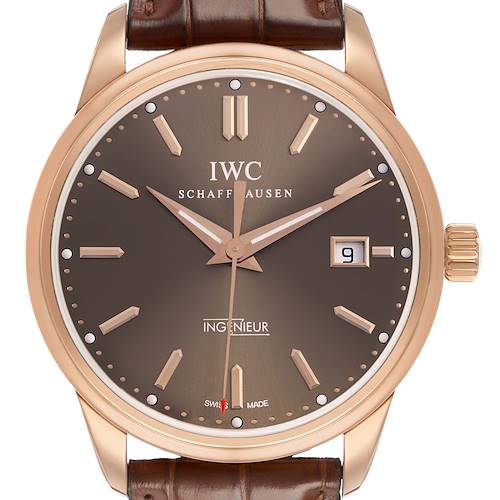 The IWC Ingenieur IW323312 Men's Rose Gold Brown Dial watch is shown from a front angle, highlighting the brown dial, gold case, and leather strap.