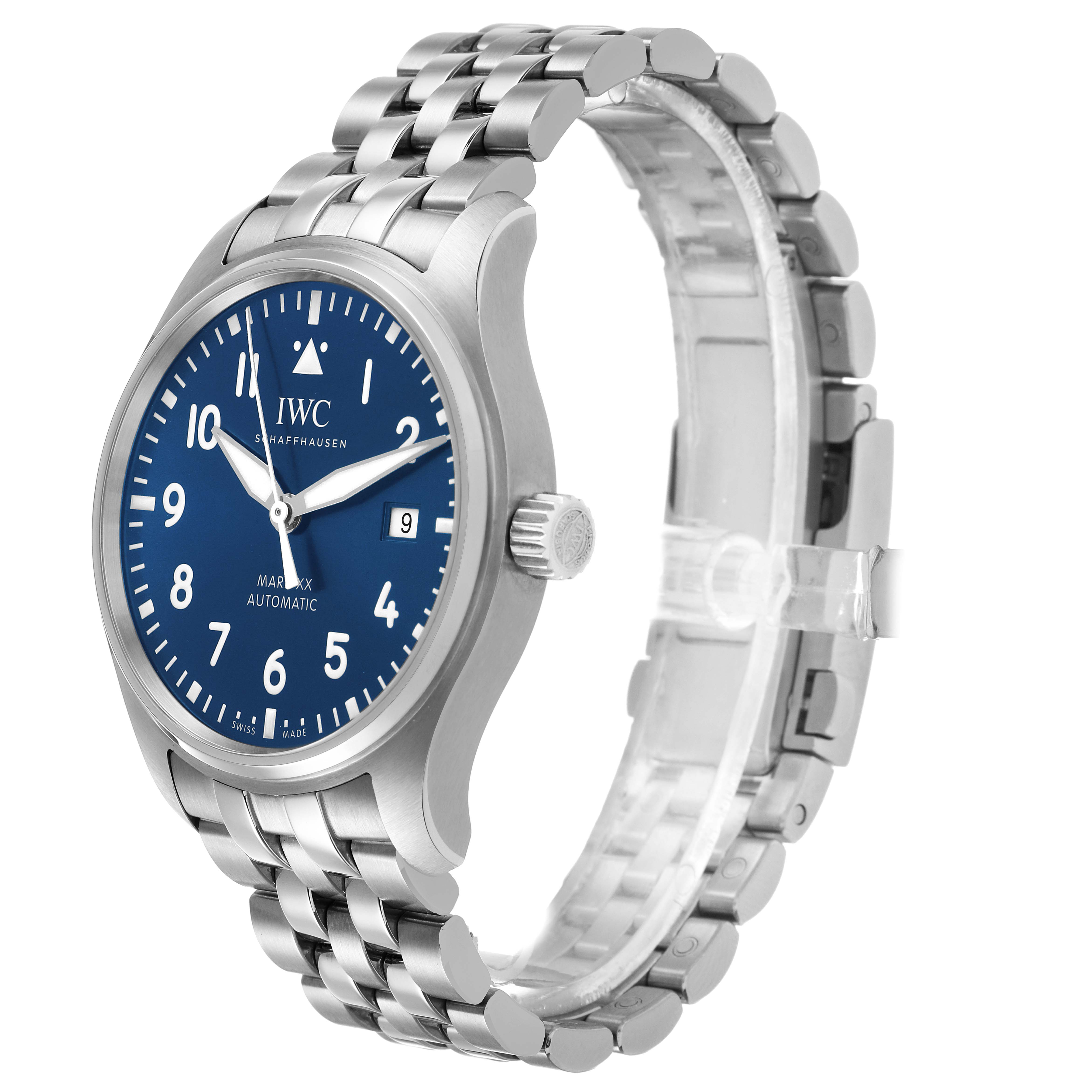 The IWC Pilot IW328204 Men's Stainless Steel Blue Dial model is shown at a three-quarter angle, displaying its face, crown, and metal bracelet.